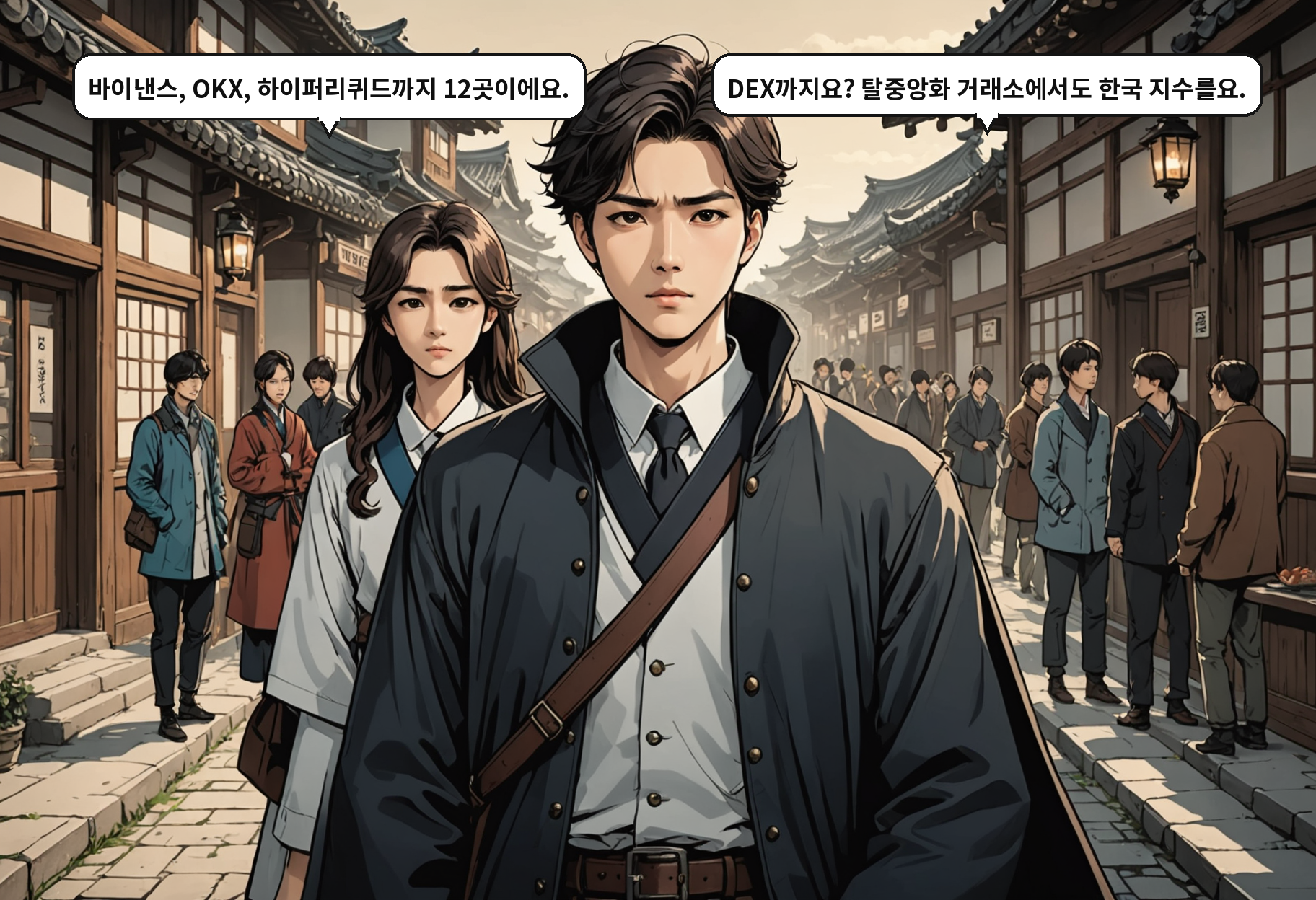 B: 바이낸스, OKX, 하이퍼리퀴드까지 12곳이에요. A: DEX까지요? 탈중앙화 거래소에서도 한국 지수를요.