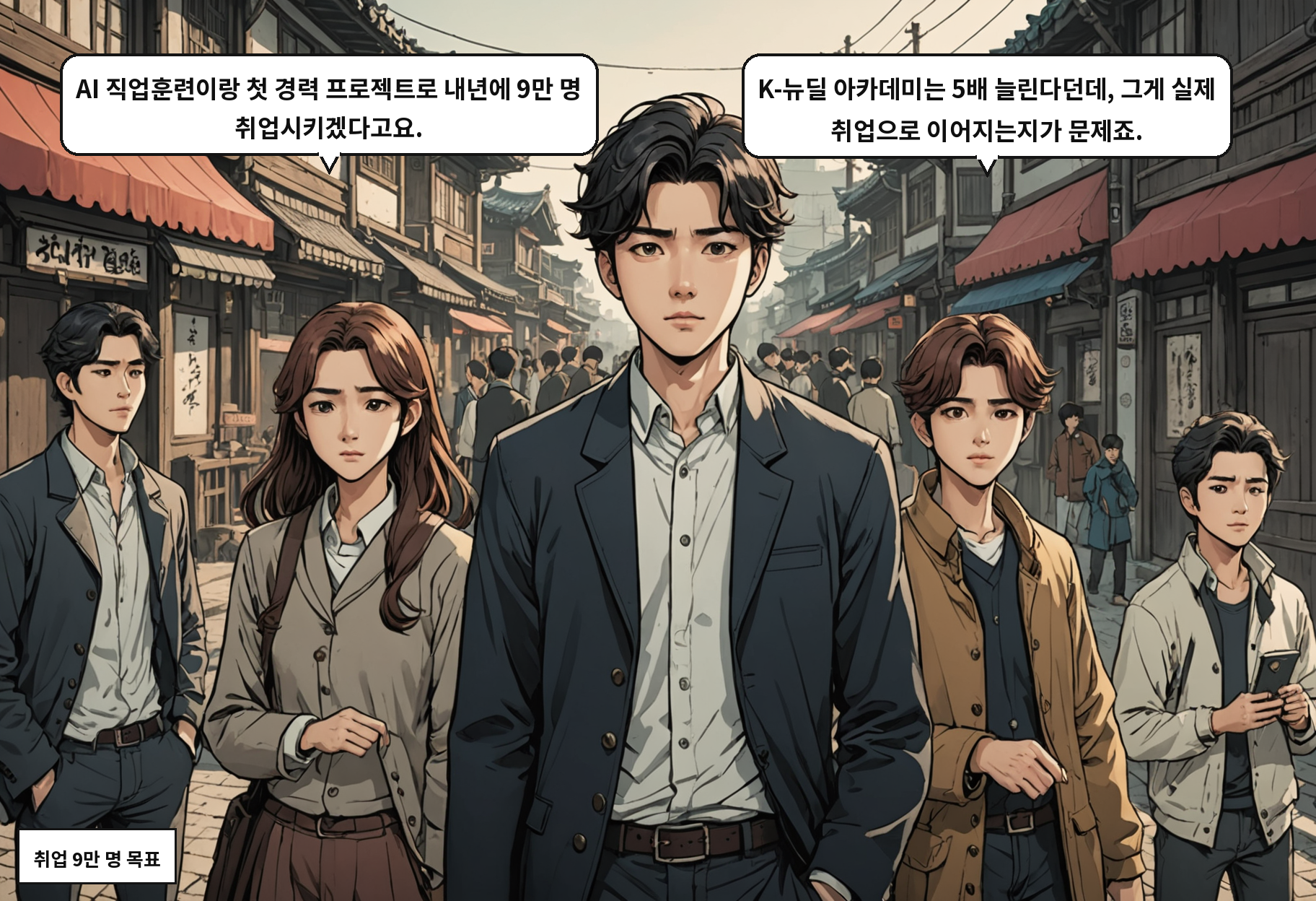B: AI 직업훈련이랑 첫 경력 프로젝트로 내년에 9만 명 취업시키겠다고요. A: K-뉴딜 아카데미는 5배 늘린다던데, 그게 실제 취업으로 이어지는지가 문제죠.
