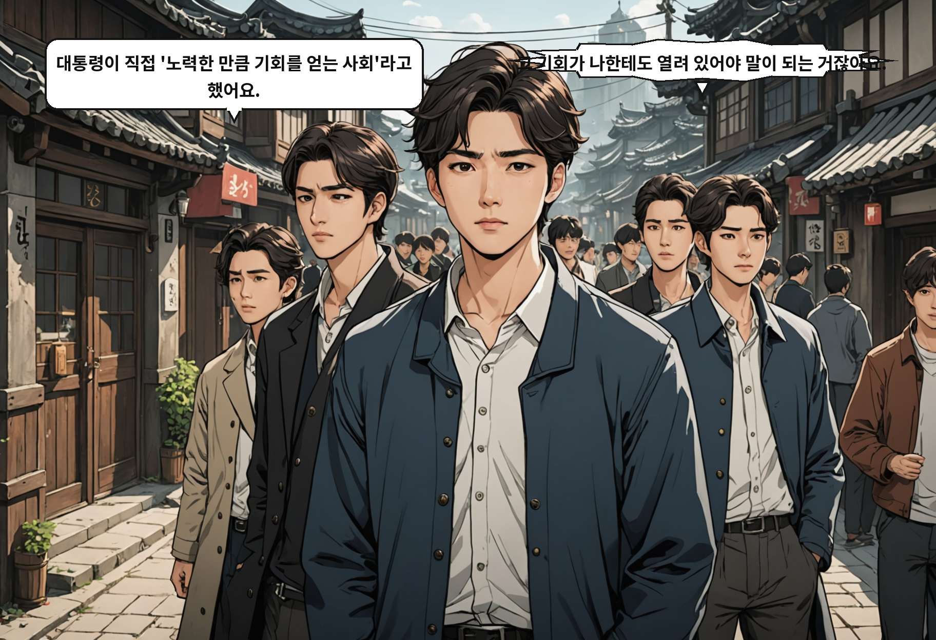 B: 대통령이 직접 '노력한 만큼 기회를 얻는 사회'라고 했어요. A: 그 기회가 나한테도 열려 있어야 말이 되는 거잖아요.