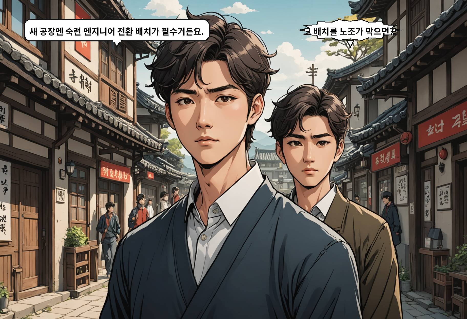 A: 새 공장엔 숙련 엔지니어 전환 배치가 필수거든요. B: 그 배치를 노조가 막으면?!