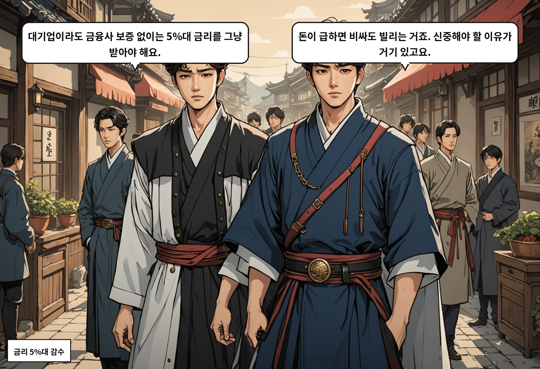 A: 대기업이라도 금융사 보증 없이는 5%대 금리를 그냥 받아야 해요. B: 돈이 급하면 비싸도 빌리는 거죠. 신중해야 할 이유가 거기 있고요.