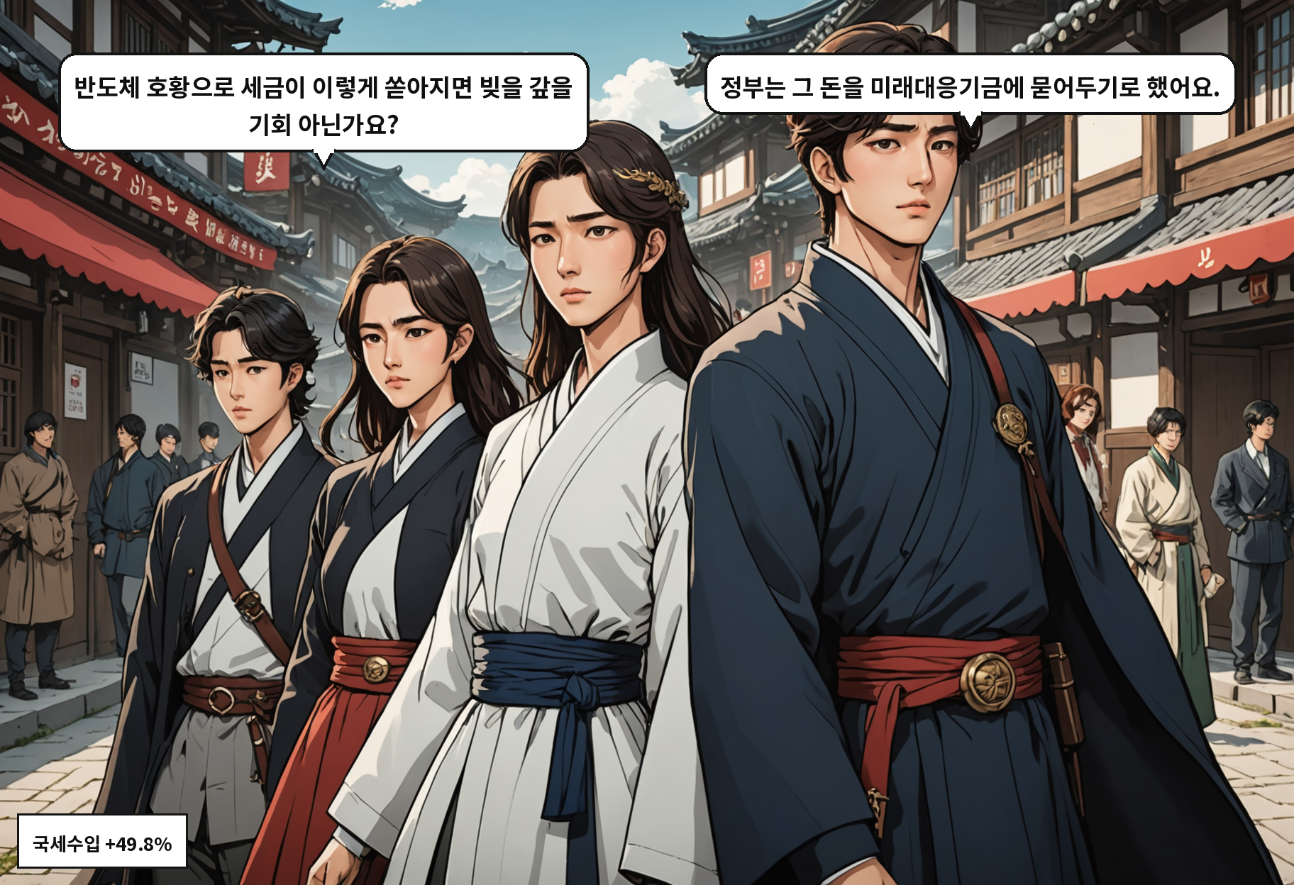 B: 반도체 호황으로 세금이 이렇게 쏟아지면 빚을 갚을 기회 아닌가요? A: 정부는 그 돈을 미래대응기금에 묻어두기로 했어요.
