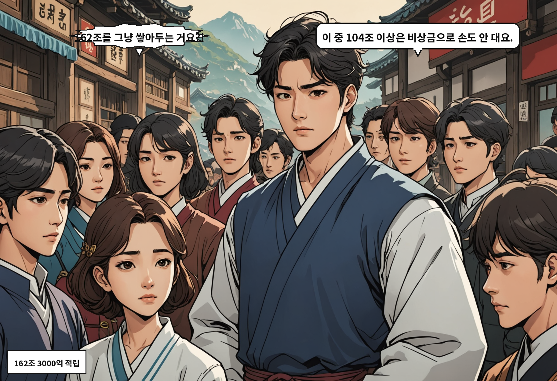 B: 162조를 그냥 쌓아두는 거요?! A: 이 중 104조 이상은 비상금으로 손도 안 대요.