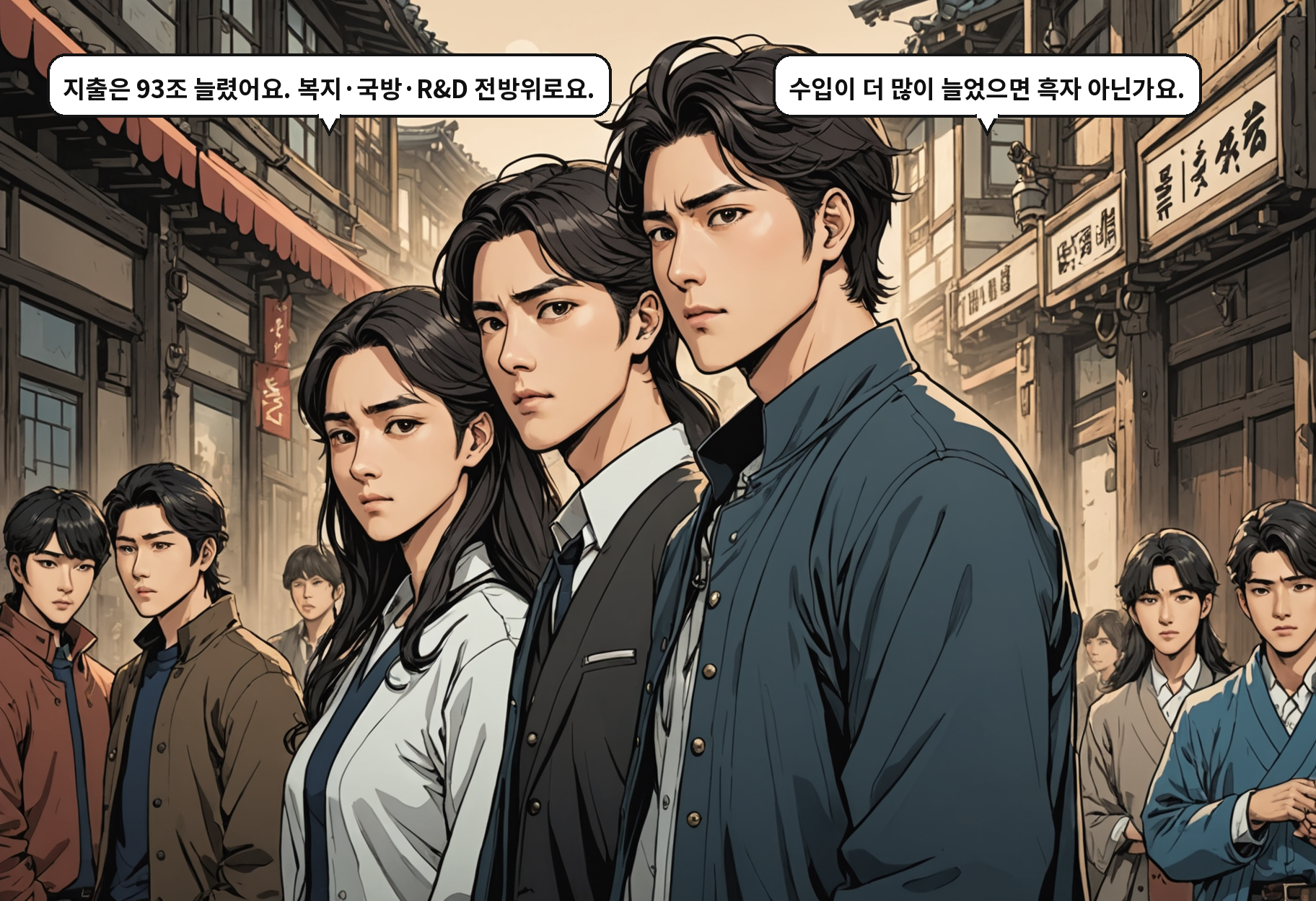 A: 지출은 93조 늘렸어요. 복지·국방·R&D 전방위로요. B: 수입이 더 많이 늘었으면 흑자 아닌가요.
