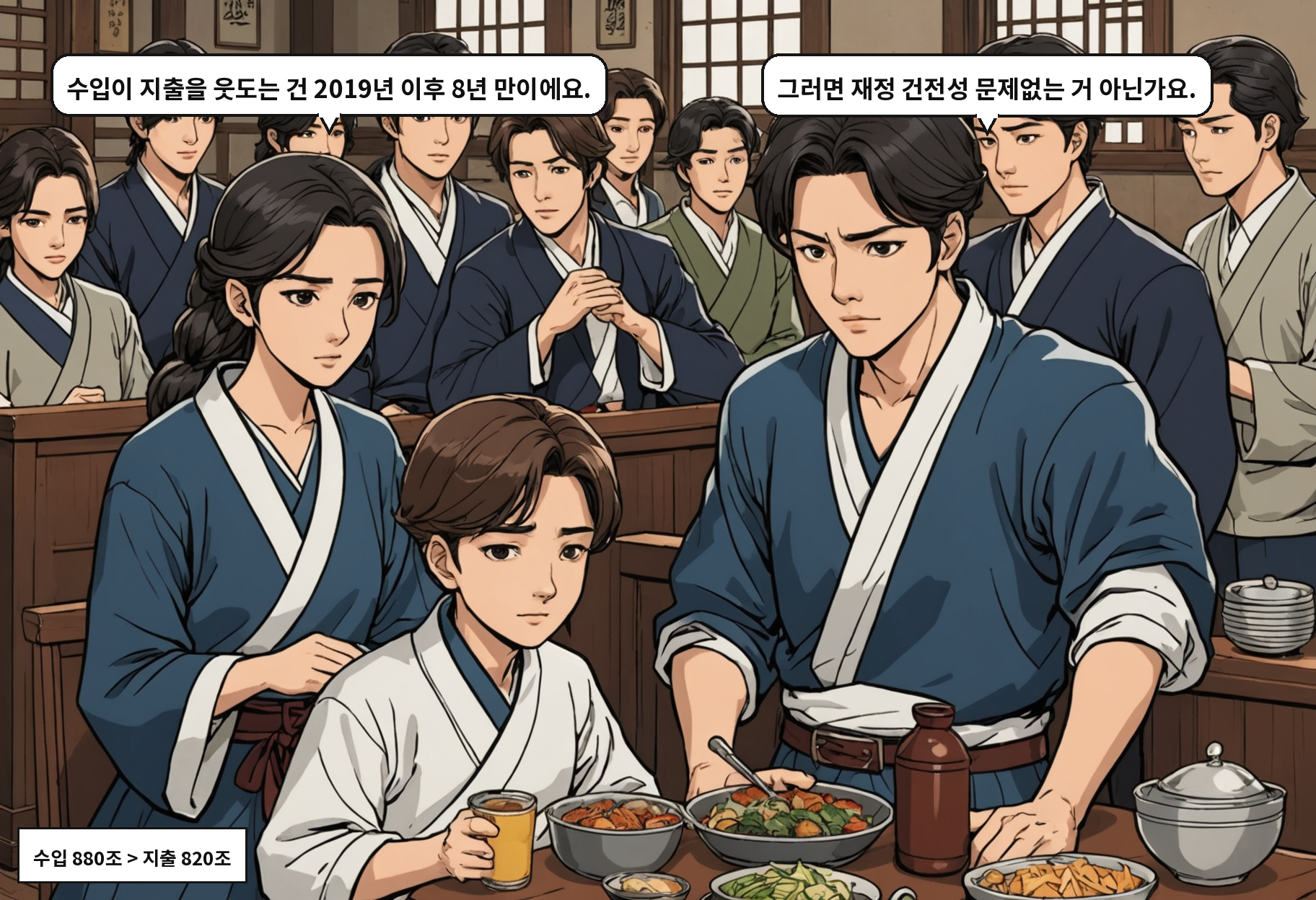 A: 수입이 지출을 웃도는 건 2019년 이후 8년 만이에요. B: 그러면 재정 건전성 문제없는 거 아닌가요.