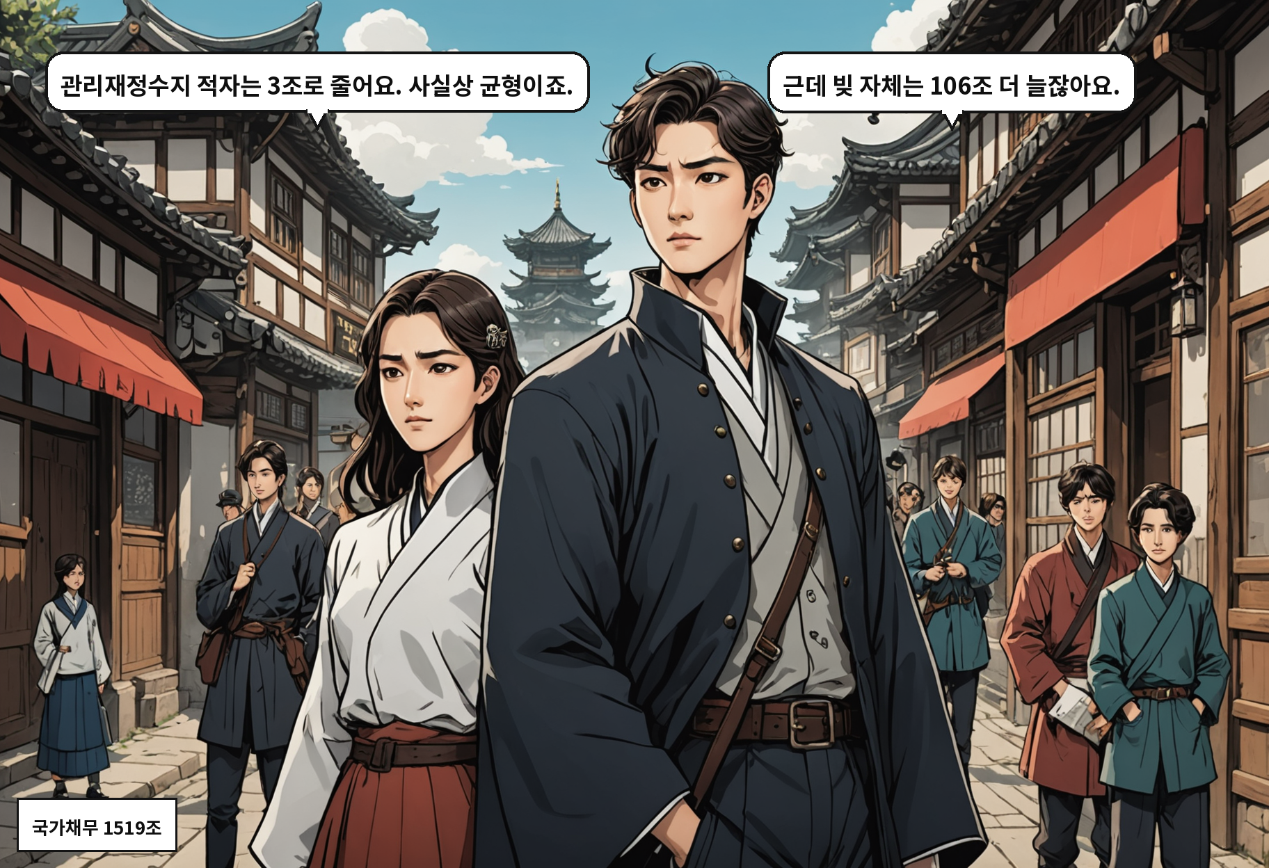 A: 관리재정수지 적자는 3조로 줄어요. 사실상 균형이죠. B: 근데 빚 자체는 106조 더 늘잖아요.
