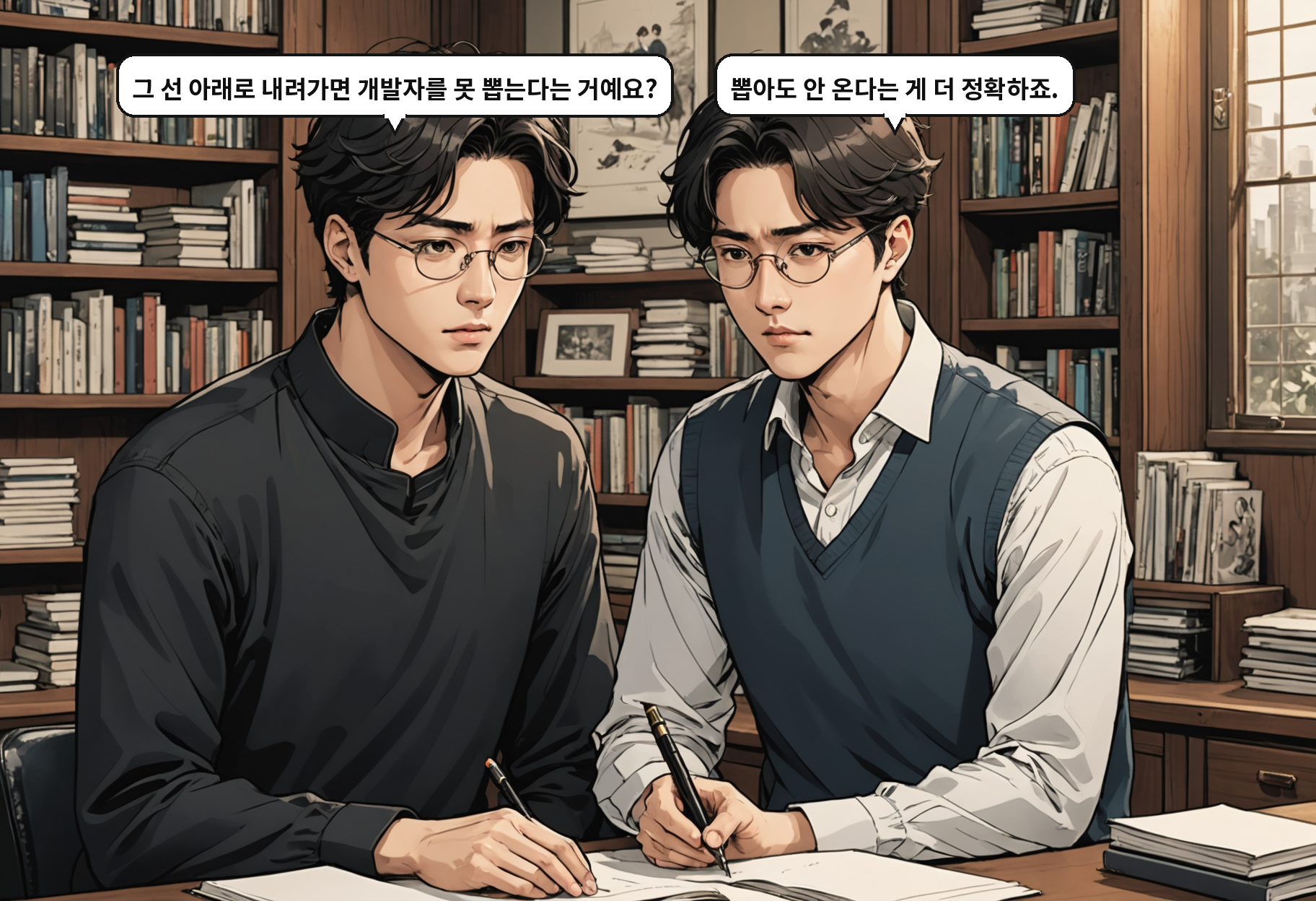 A: 그 선 아래로 내려가면 개발자를 못 뽑는다는 거예요? B: 뽑아도 안 온다는 게 더 정확하죠.