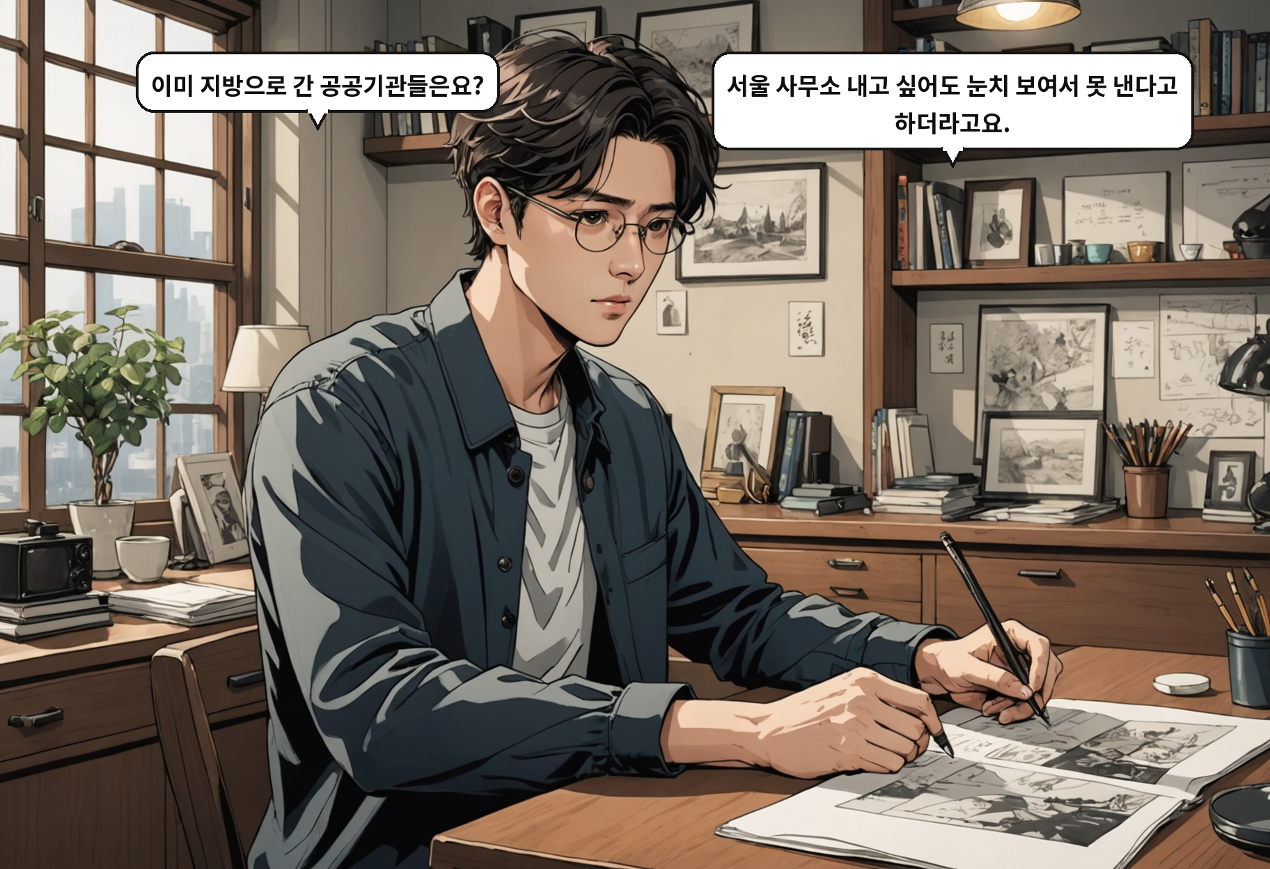 A: 이미 지방으로 간 공공기관들은요? B: 서울 사무소 내고 싶어도 눈치 보여서 못 낸다고 하더라고요.