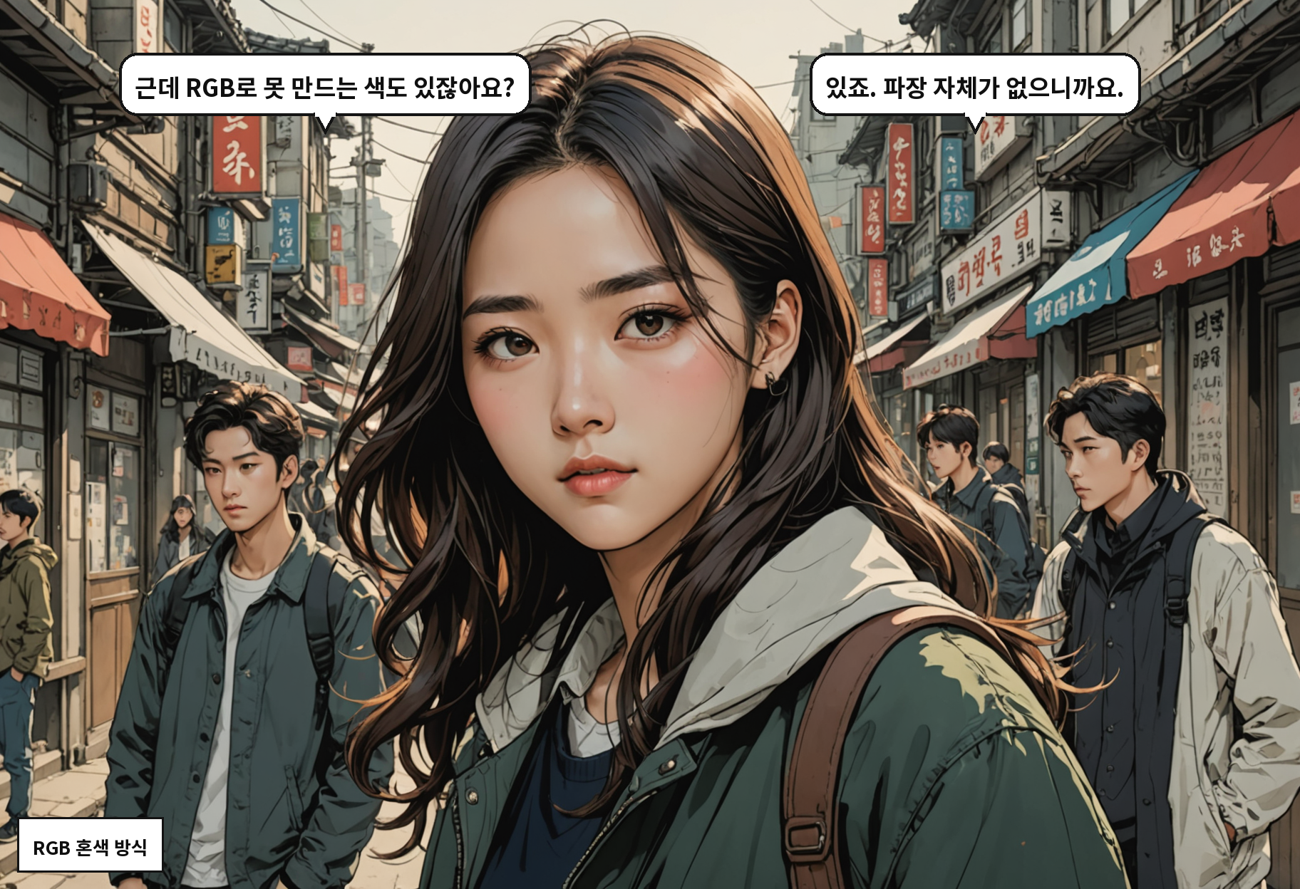 A: 근데 RGB로 못 만드는 색도 있잖아요? B: 있죠. 파장 자체가 없으니까요.