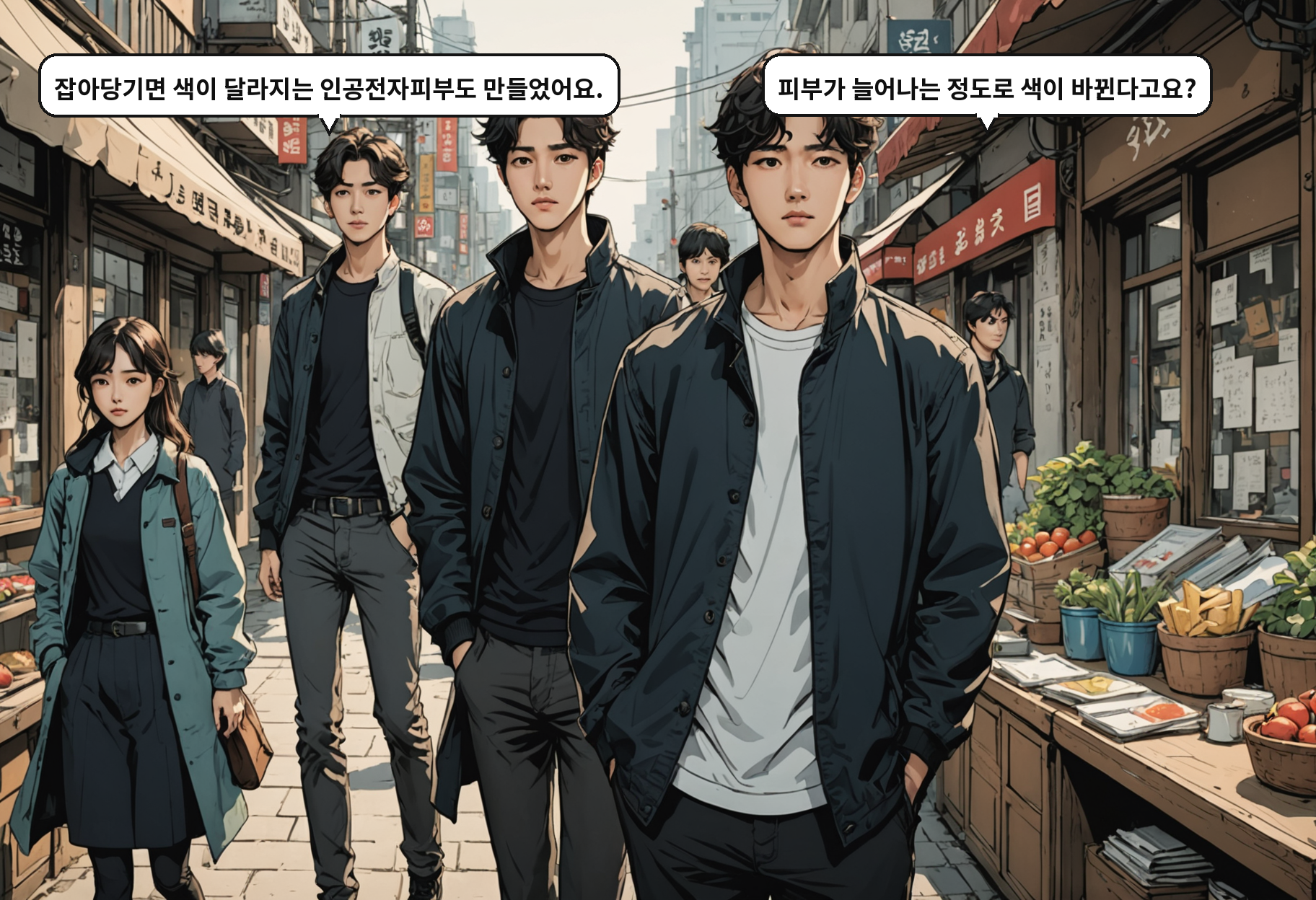 B: 잡아당기면 색이 달라지는 인공전자피부도 만들었어요. A: 피부가 늘어나는 정도로 색이 바뀐다고요?