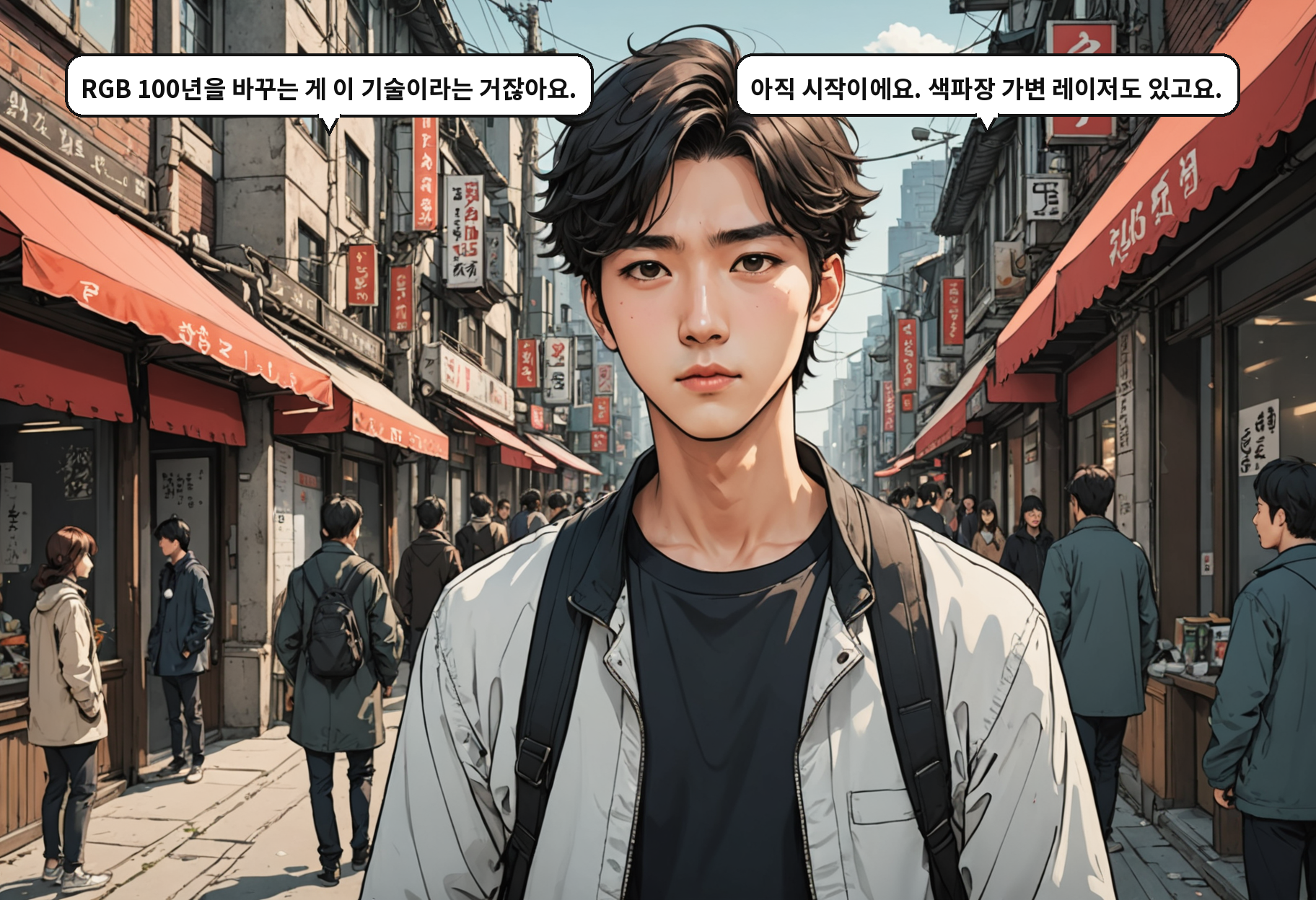 A: RGB 100년을 바꾸는 게 이 기술이라는 거잖아요. B: 아직 시작이에요. 색파장 가변 레이저도 있고요.