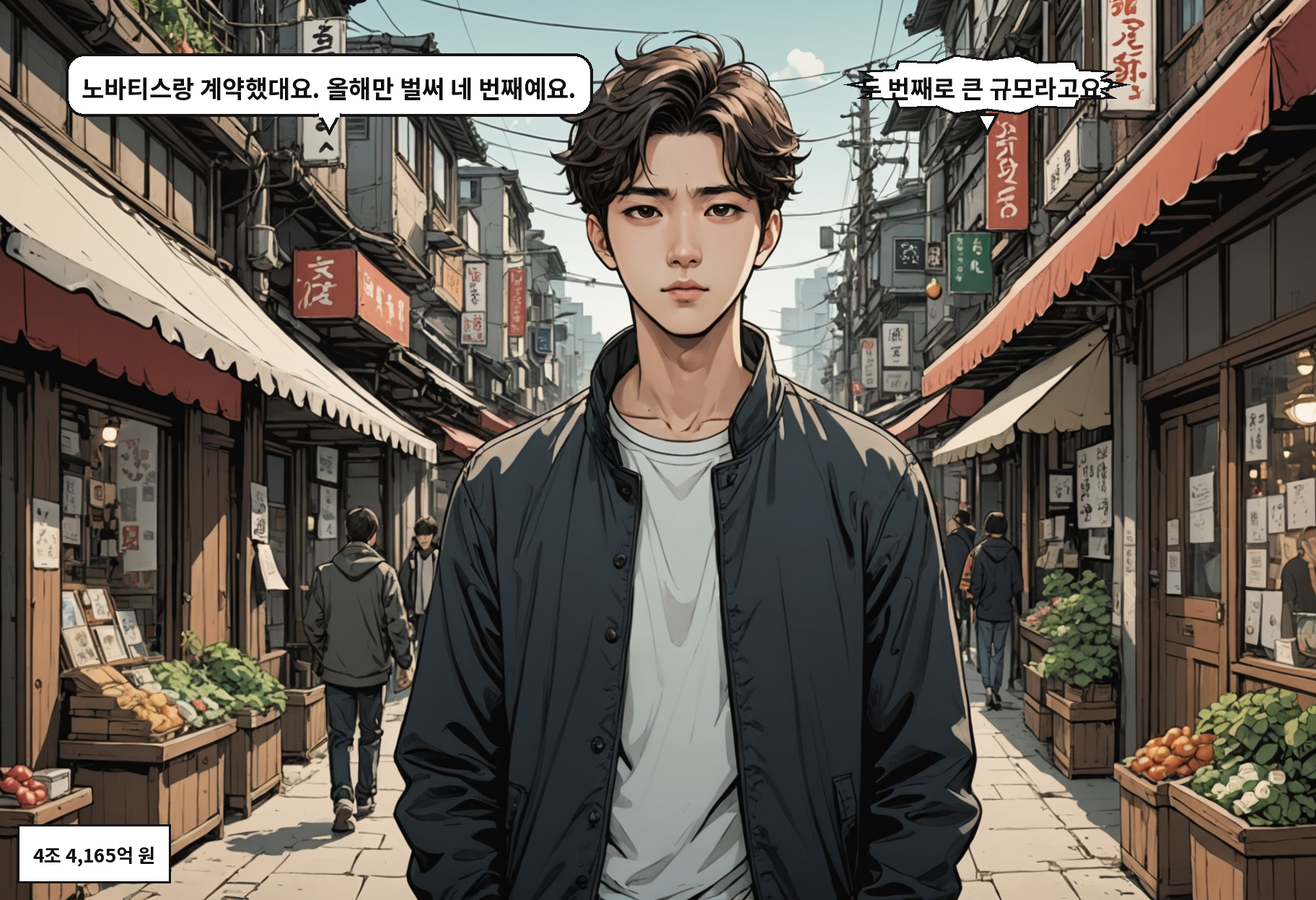 A: 노바티스랑 계약했대요. 올해만 벌써 네 번째예요. B: 두 번째로 큰 규모라고요?