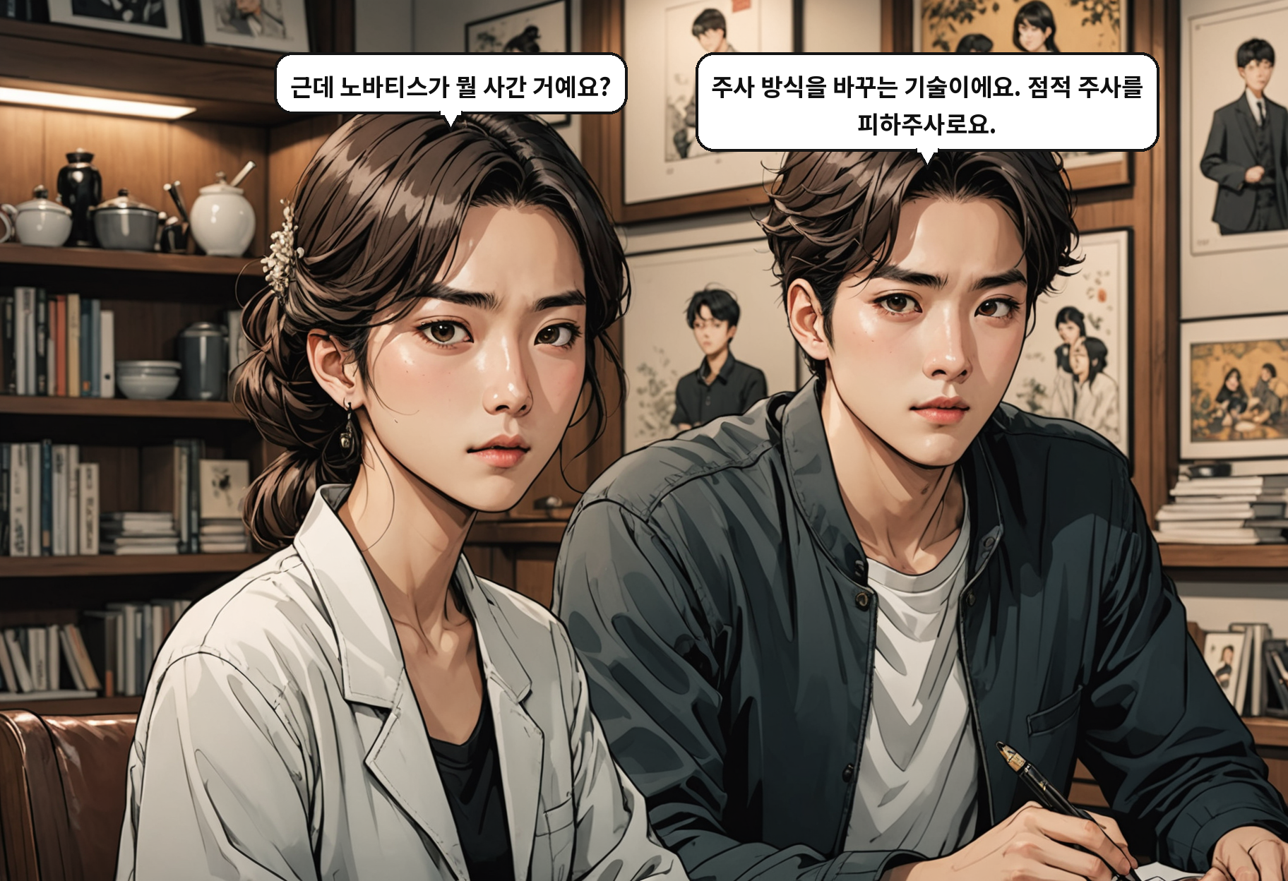 B: 근데 노바티스가 뭘 사간 거예요? A: 주사 방식을 바꾸는 기술이에요. 점적 주사를 피하주사로요.
