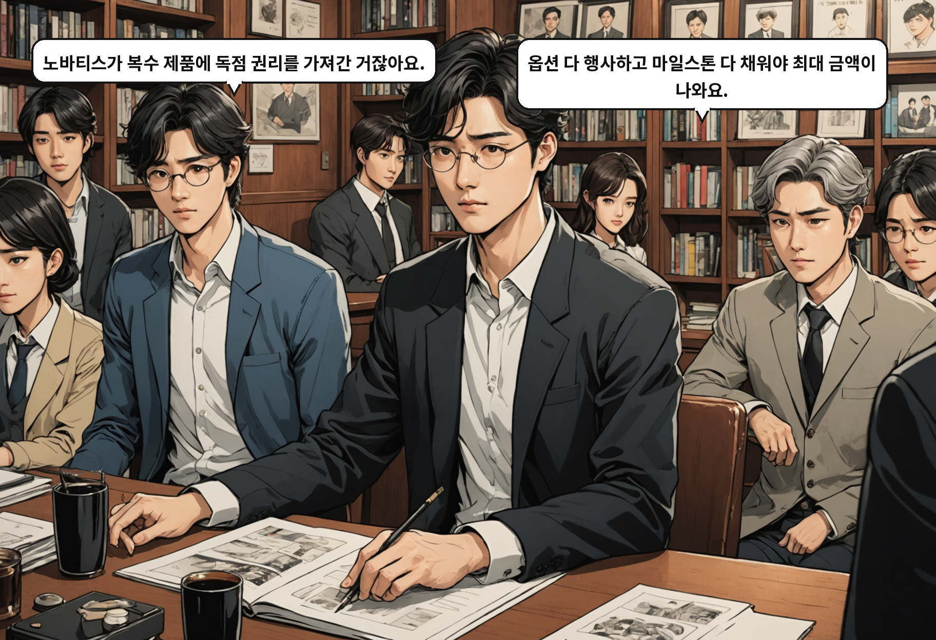 B: 노바티스가 복수 제품에 독점 권리를 가져간 거잖아요. A: 옵션 다 행사하고 마일스톤 다 채워야 최대 금액이 나와요.