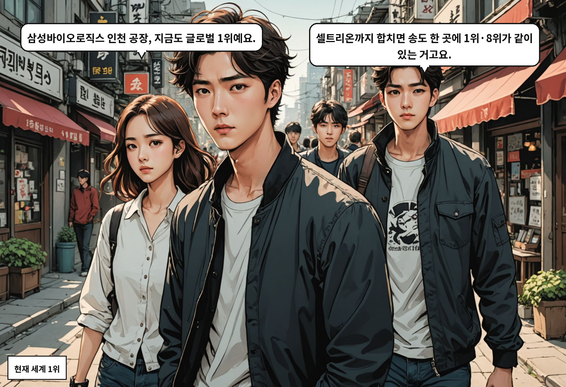A: 삼성바이오로직스 인천 공장, 지금도 글로벌 1위예요. B: 셀트리온까지 합치면 송도 한 곳에 1위·8위가 같이 있는 거고요.
