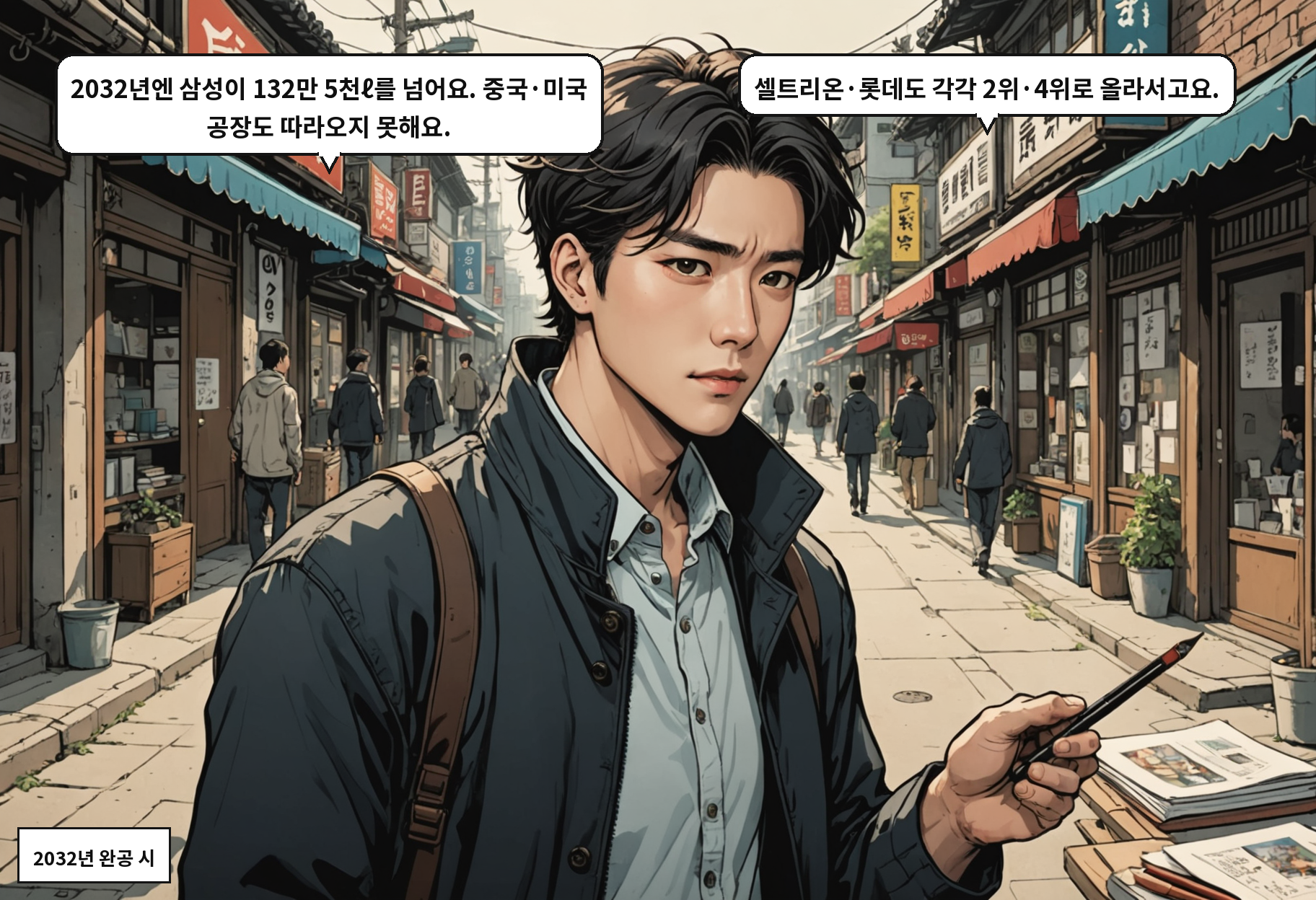 A: 2032년엔 삼성이 132만 5천ℓ를 넘어요. 중국·미국 공장도 따라오지 못해요. B: 셀트리온·롯데도 각각 2위·4위로 올라서고요.