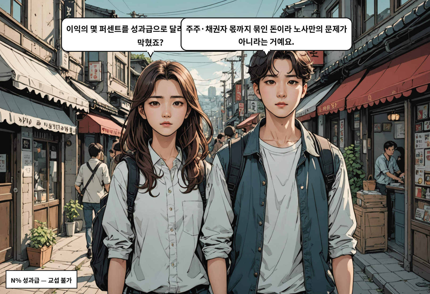 A: 이익의 몇 퍼센트를 성과급으로 달라는 요구, 이번에 막혔죠? B: 주주·채권자 몫까지 묶인 돈이라 노사만의 문제가 아니라는 거예요.