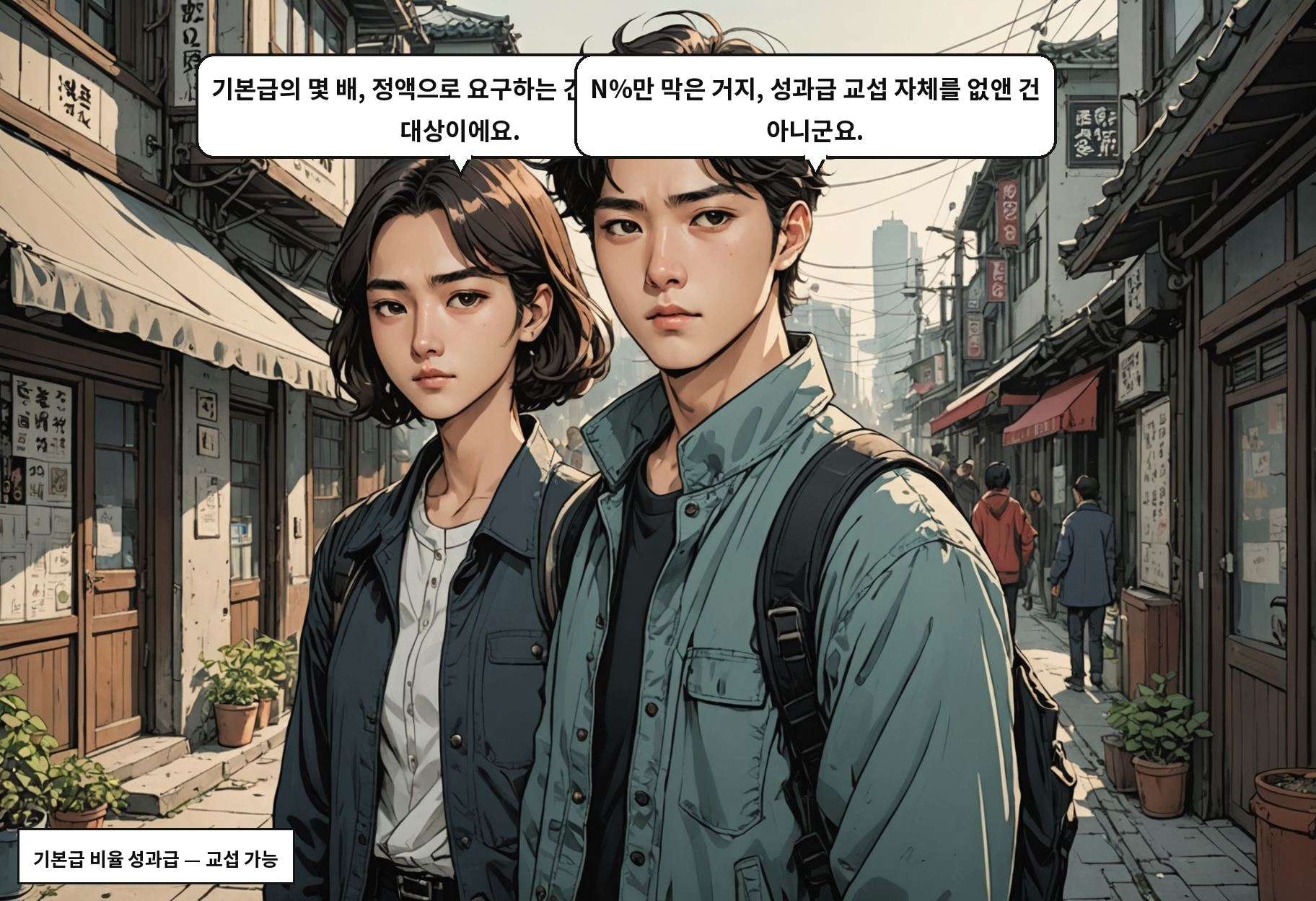 B: 기본급의 몇 배, 정액으로 요구하는 건 여전히 교섭 대상이에요. A: N%만 막은 거지, 성과급 교섭 자체를 없앤 건 아니군요.