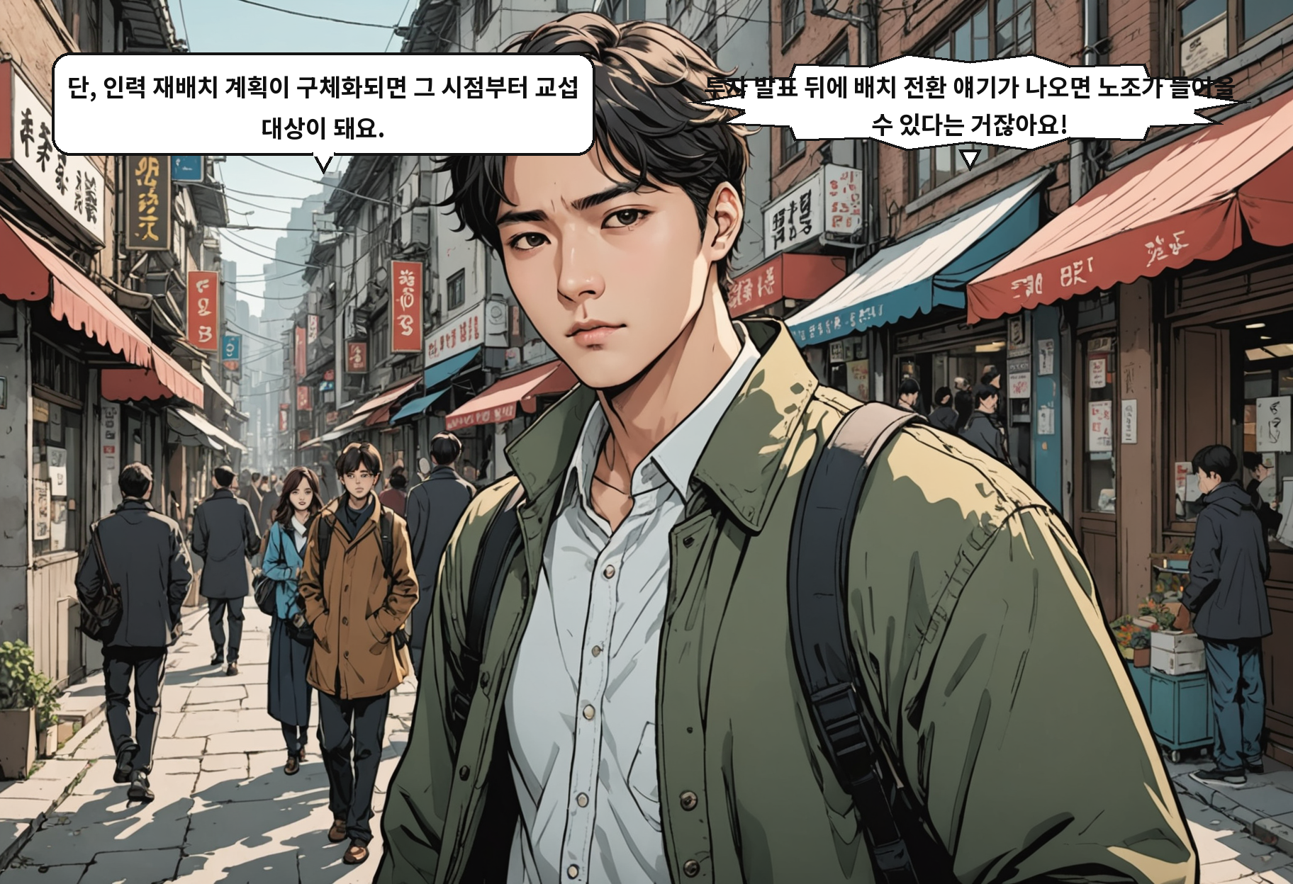 B: 단, 인력 재배치 계획이 구체화되면 그 시점부터 교섭 대상이 돼요. A: 투자 발표 뒤에 배치 전환 얘기가 나오면 노조가 들어올 수 있다는 거잖아요!
