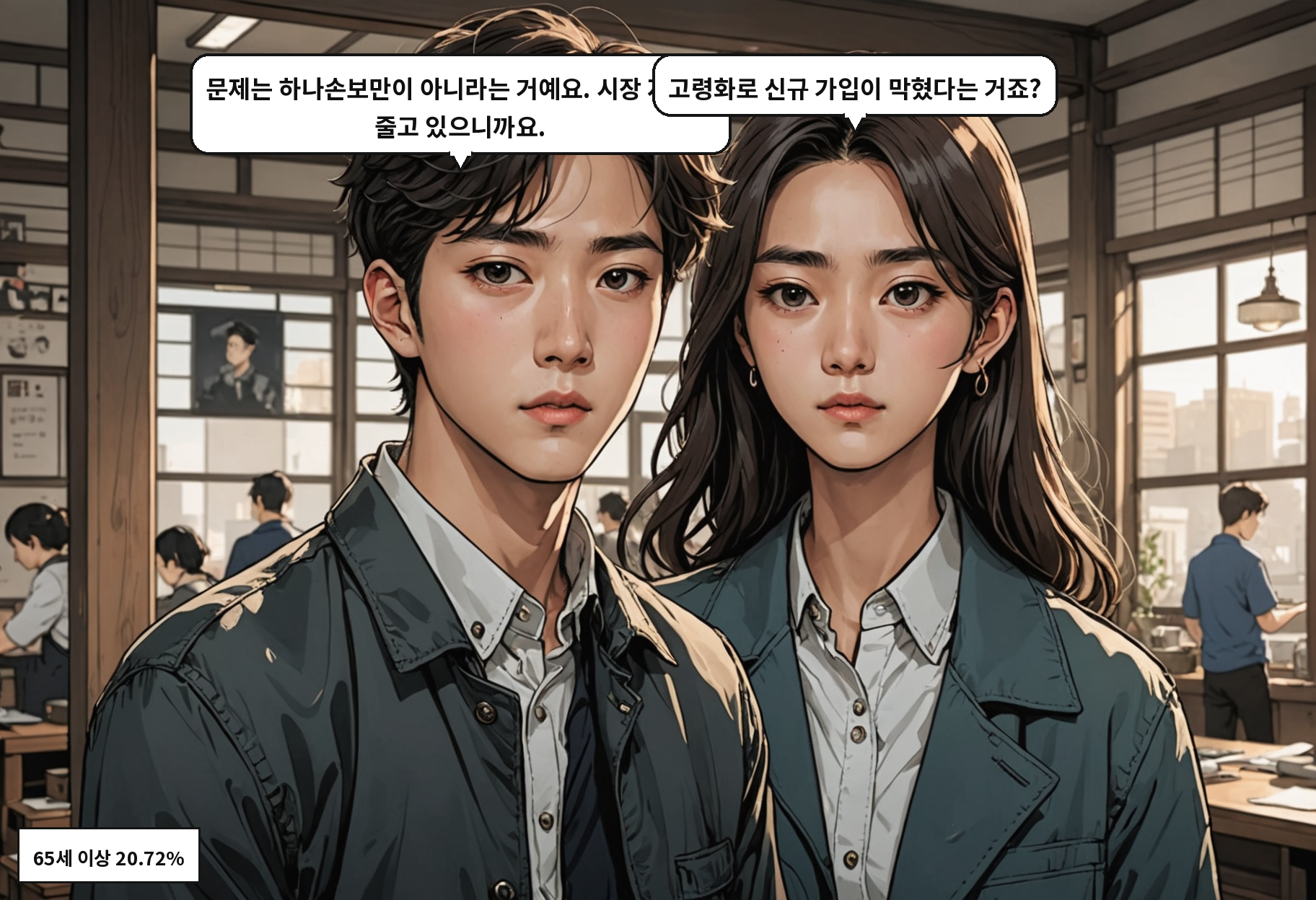 B: 문제는 하나손보만이 아니라는 거예요. 시장 자체가 줄고 있으니까요. A: 고령화로 신규 가입이 막혔다는 거죠?