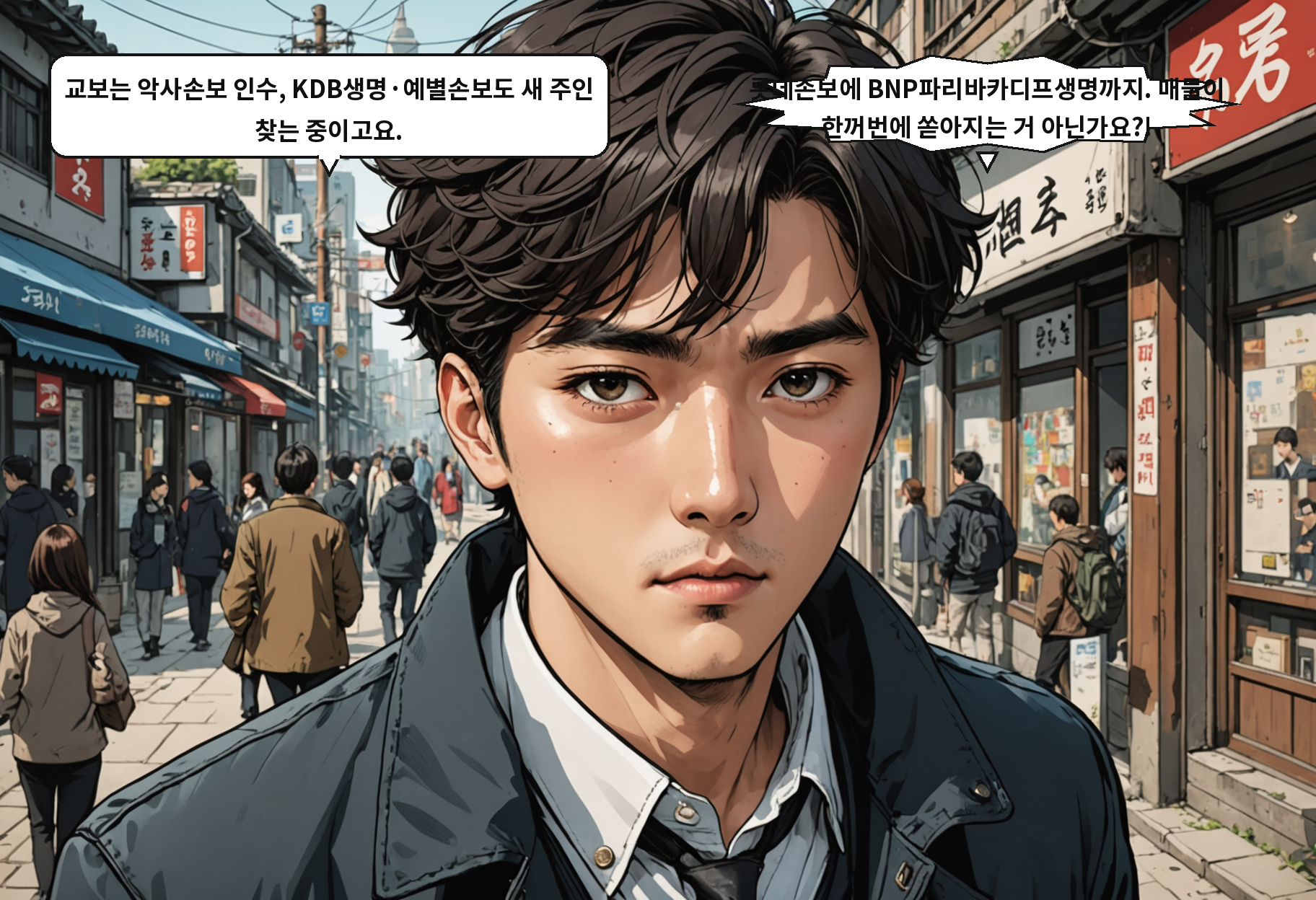 B: 교보는 악사손보 인수, KDB생명·예별손보도 새 주인 찾는 중이고요. A: 롯데손보에 BNP파리바카디프생명까지. 매물이 한꺼번에 쏟아지는 거 아닌가요?!