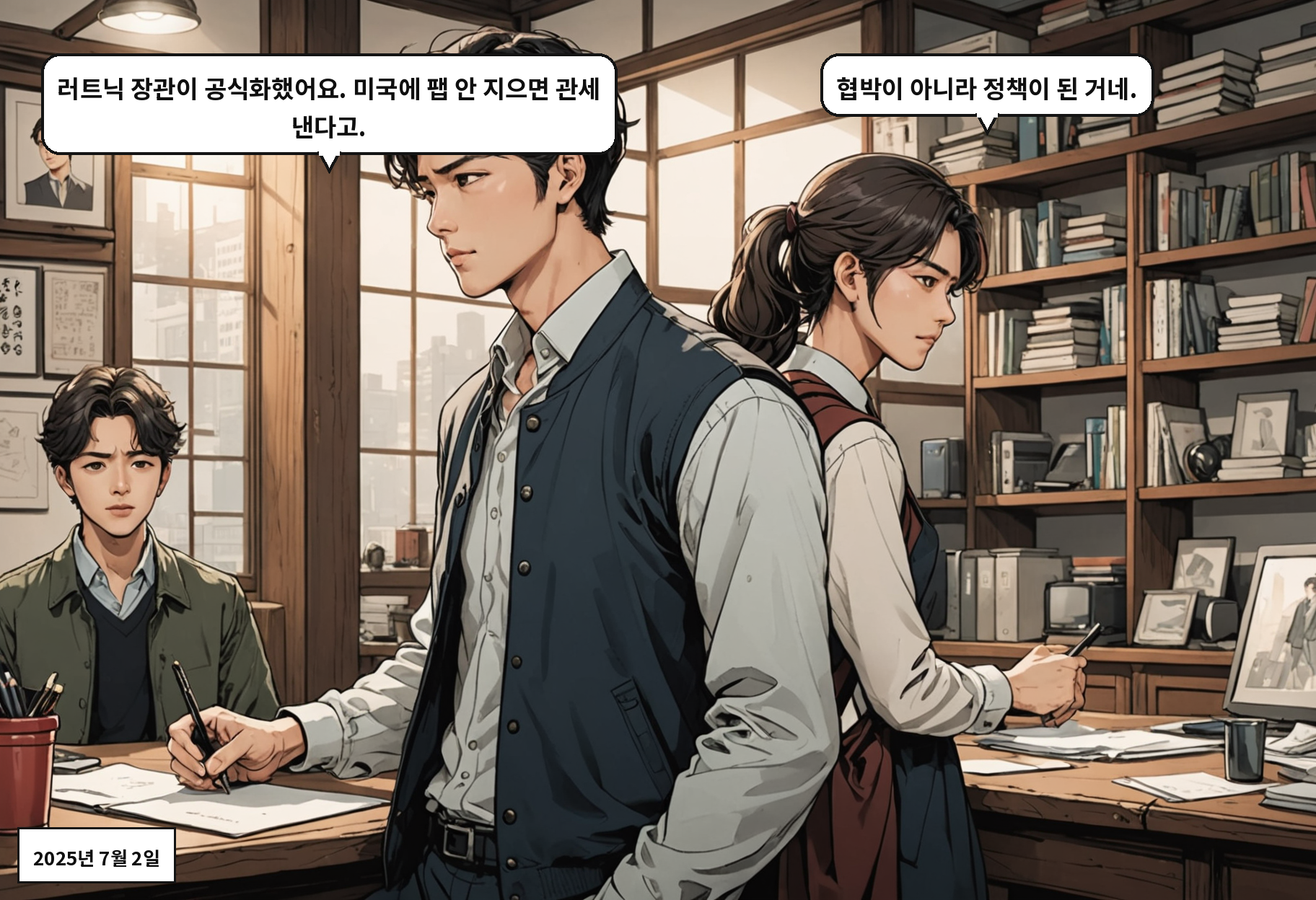 A: 러트닉 장관이 공식화했어요. 미국에 팹 안 지으면 관세 낸다고. B: 협박이 아니라 정책이 된 거네.