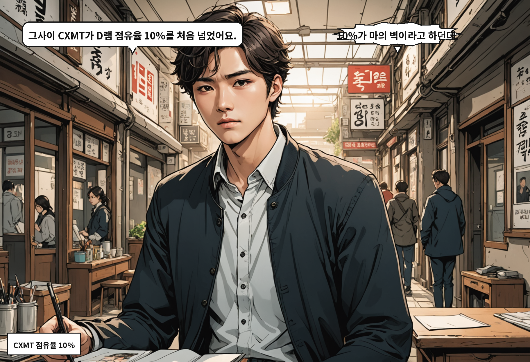A: 그사이 CXMT가 D램 점유율 10%를 처음 넘었어요. B: 10%가 마의 벽이라고 하던데.