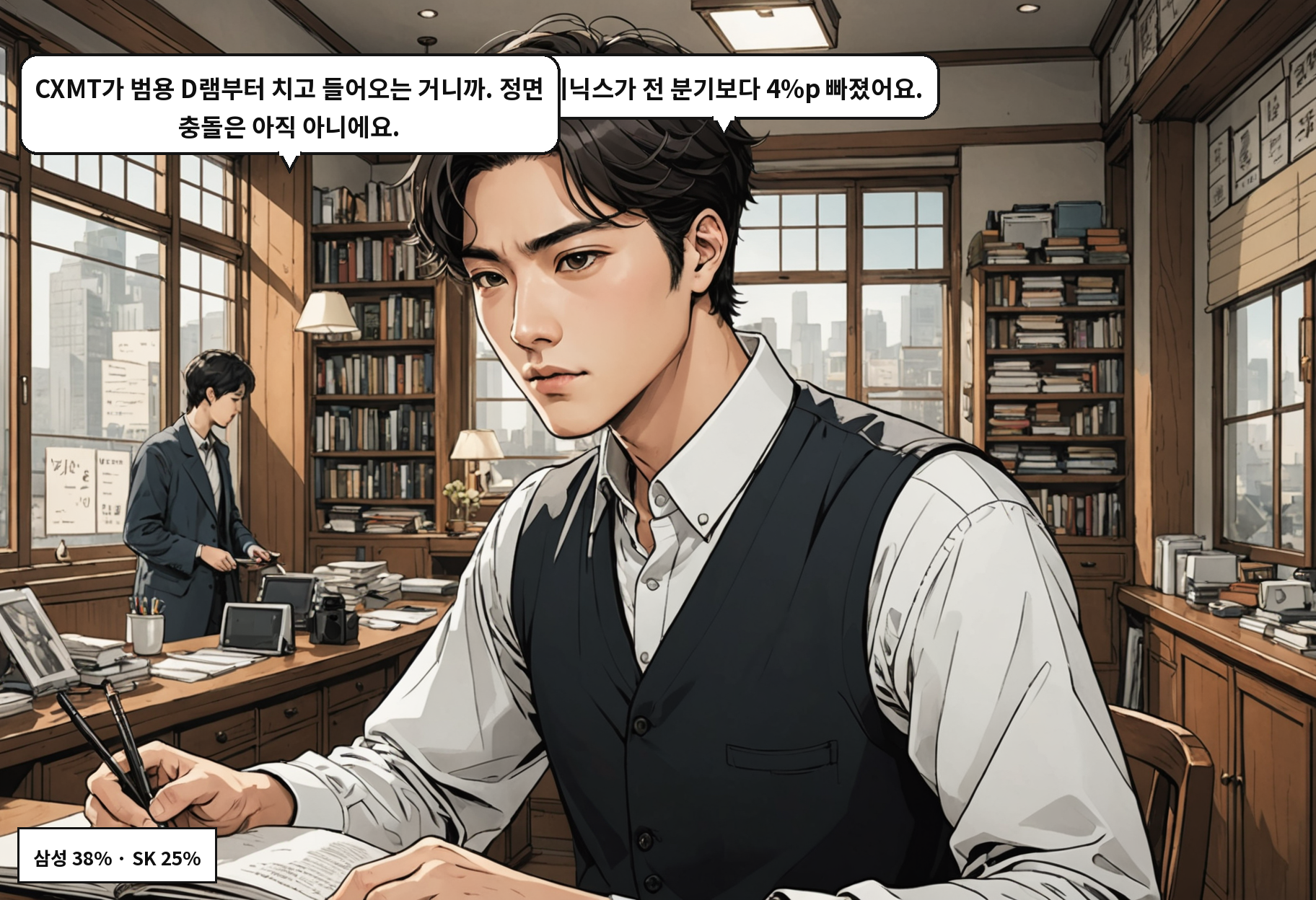B: 하이닉스가 전 분기보다 4%p 빠졌어요. A: CXMT가 범용 D램부터 치고 들어오는 거니까. 정면 충돌은 아직 아니에요.