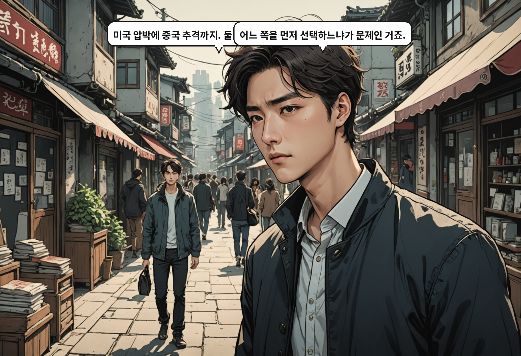 B: 미국 압박에 중국 추격까지. 둘 다 피할 수는 없잖아요. A: 어느 쪽을 먼저 선택하느냐가 문제인 거죠.