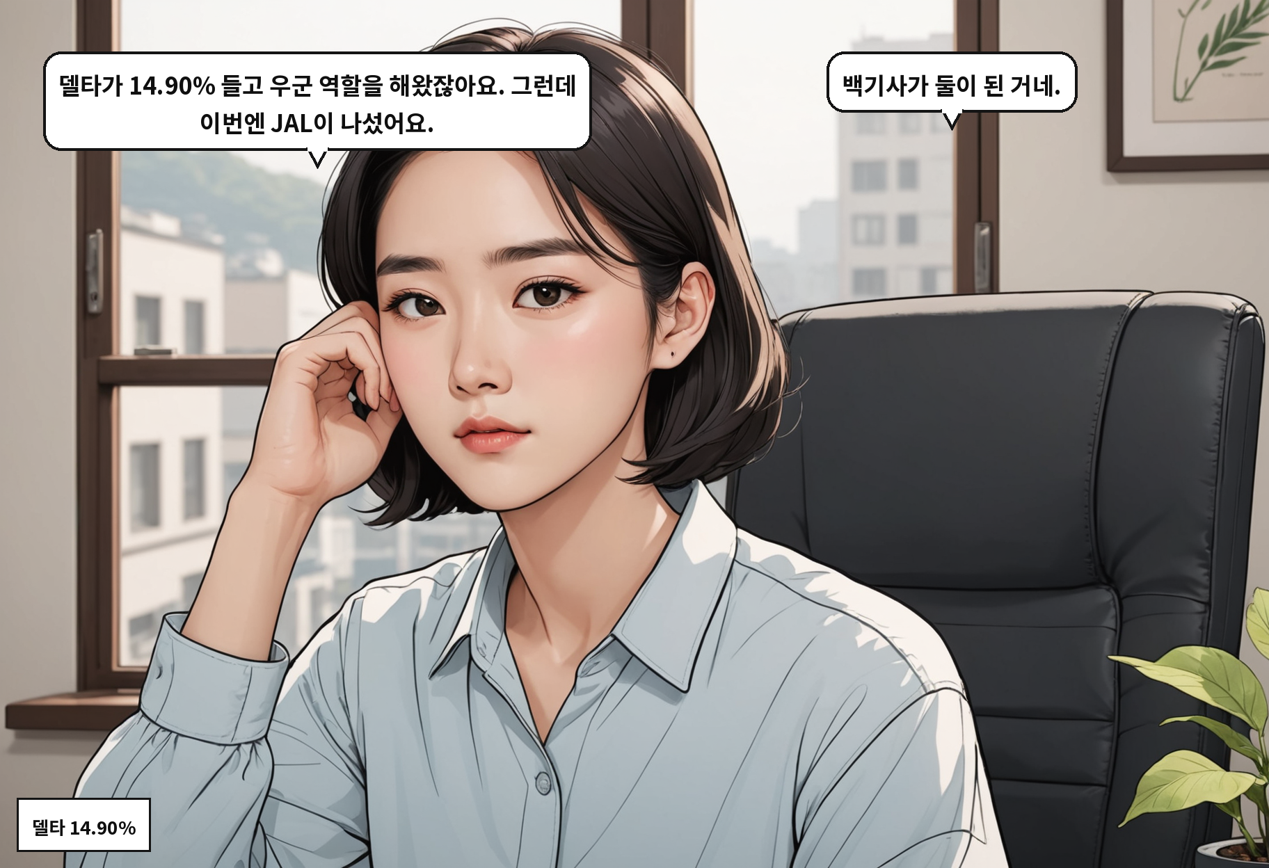 A: 델타가 14.90% 들고 우군 역할을 해왔잖아요. 그런데 이번엔 JAL이 나섰어요. B: 백기사가 둘이 된 거네.