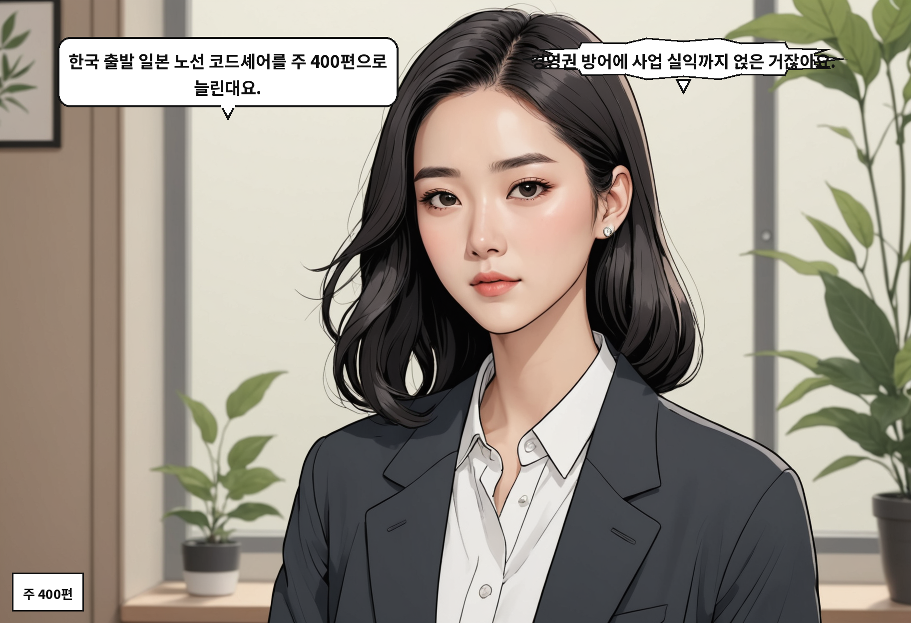 A: 한국 출발 일본 노선 코드셰어를 주 400편으로 늘린대요. B: 경영권 방어에 사업 실익까지 얹은 거잖아요.