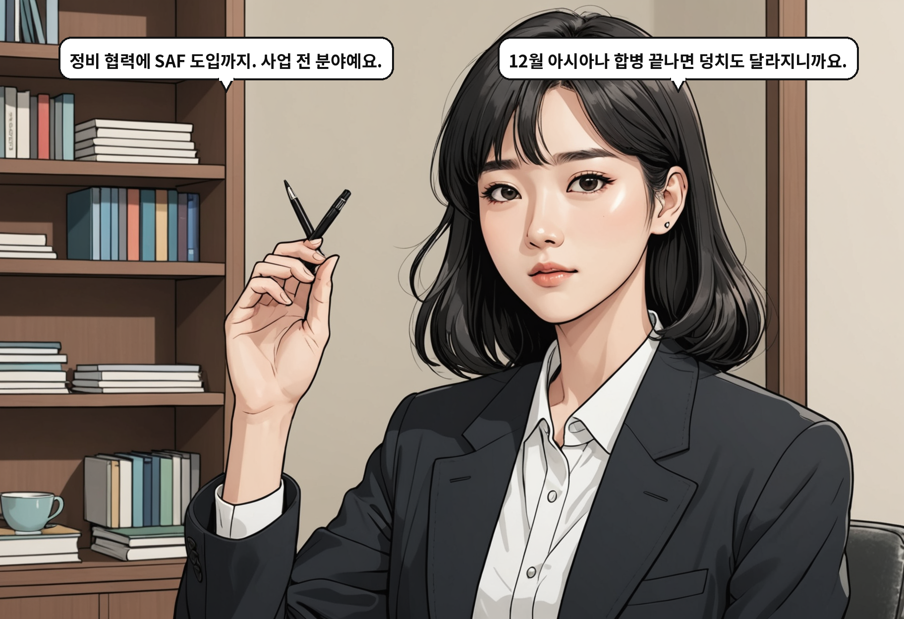 B: 정비 협력에 SAF 도입까지. 사업 전 분야예요. A: 12월 아시아나 합병 끝나면 덩치도 달라지니까요.