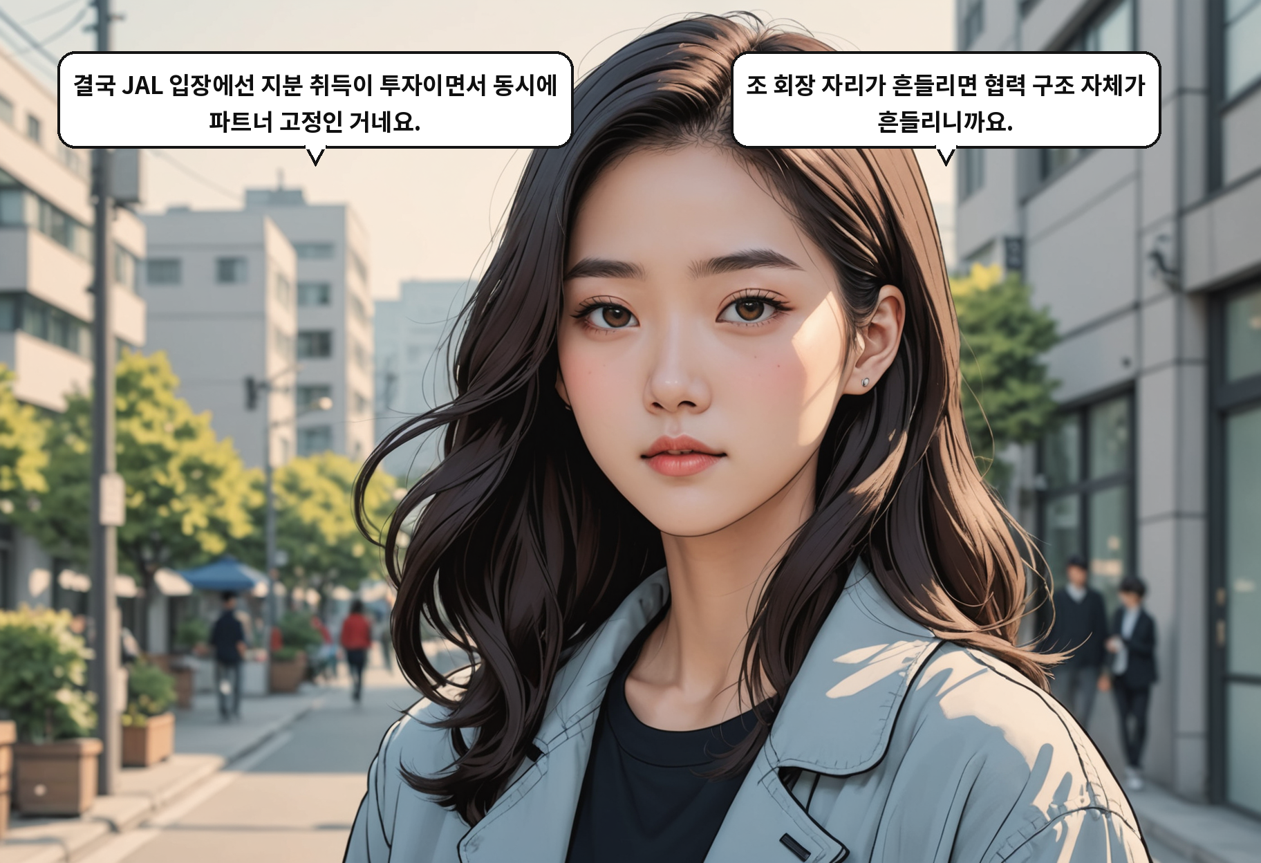 A: 결국 JAL 입장에선 지분 취득이 투자이면서 동시에 파트너 고정인 거네요. B: 조 회장 자리가 흔들리면 협력 구조 자체가 흔들리니까요.