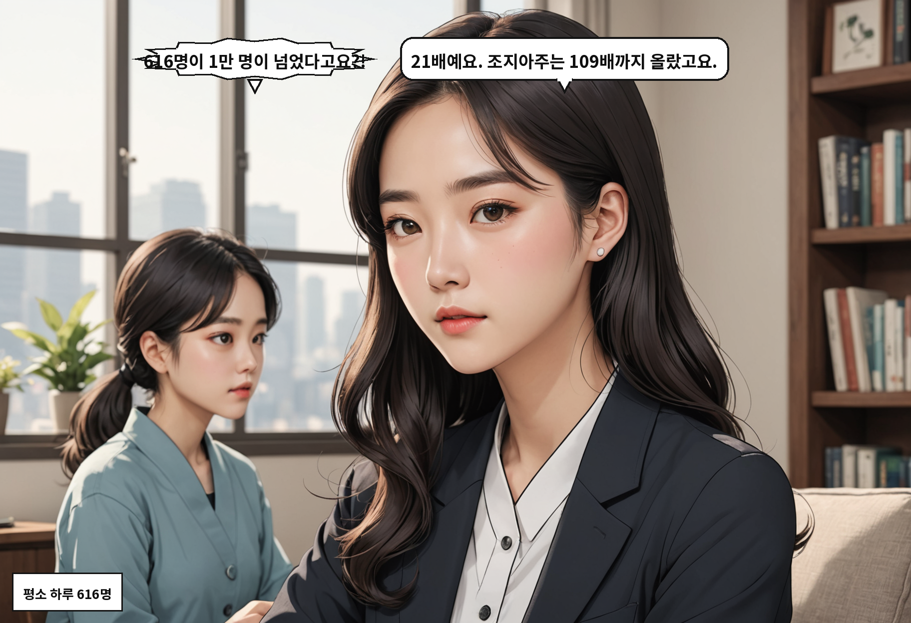 A: 616명이 1만 명이 넘었다고요?! B: 21배예요. 조지아주는 109배까지 올랐고요.