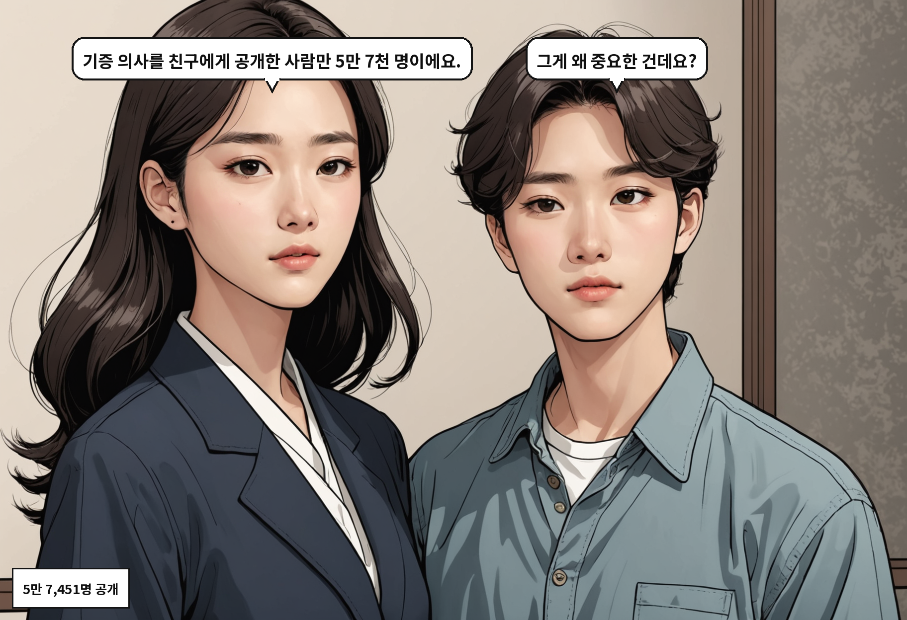 B: 기증 의사를 친구에게 공개한 사람만 5만 7천 명이에요. A: 그게 왜 중요한 건데요?