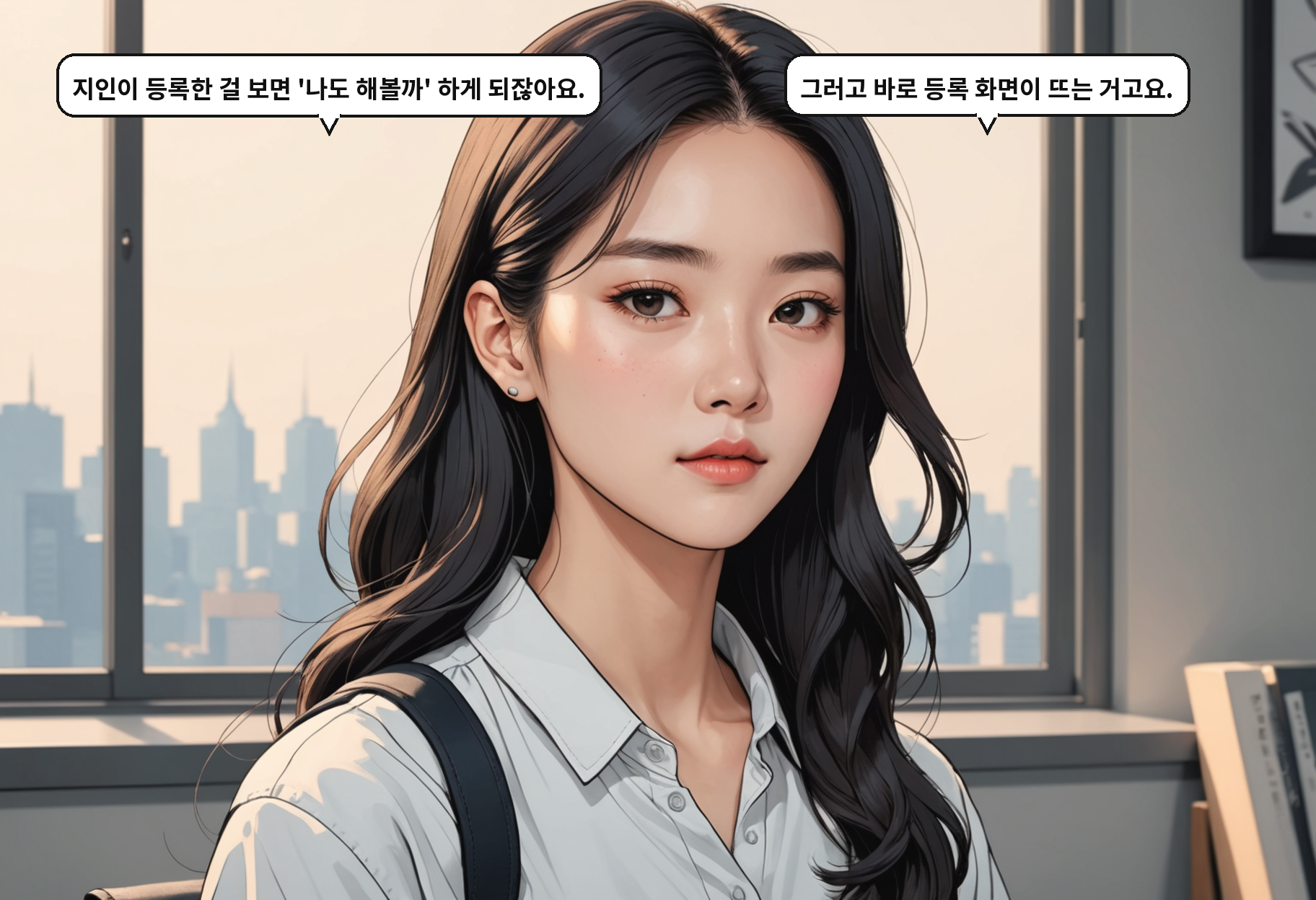 B: 지인이 등록한 걸 보면 '나도 해볼까' 하게 되잖아요. A: 그러고 바로 등록 화면이 뜨는 거고요.