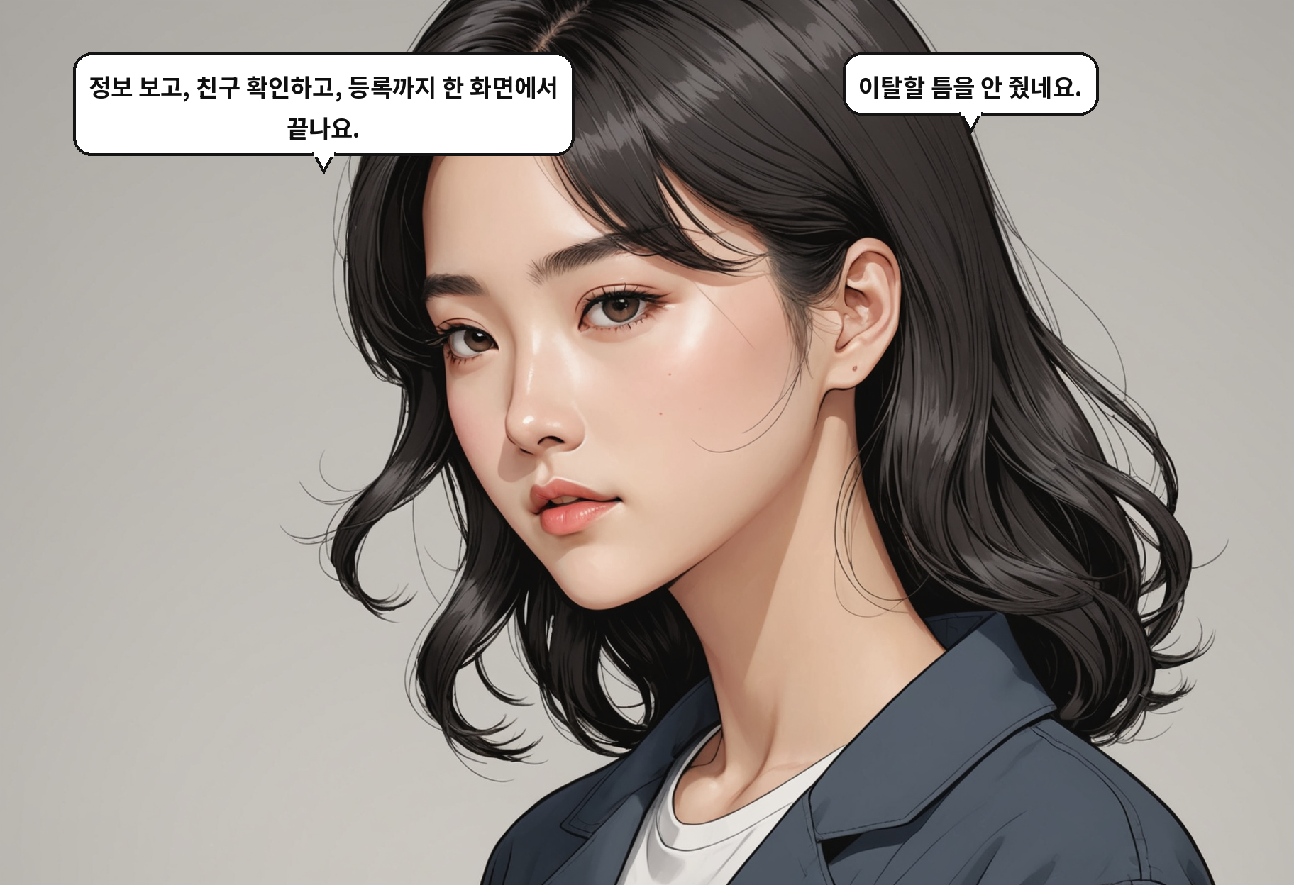 B: 정보 보고, 친구 확인하고, 등록까지 한 화면에서 끝나요. A: 이탈할 틈을 안 줬네요.