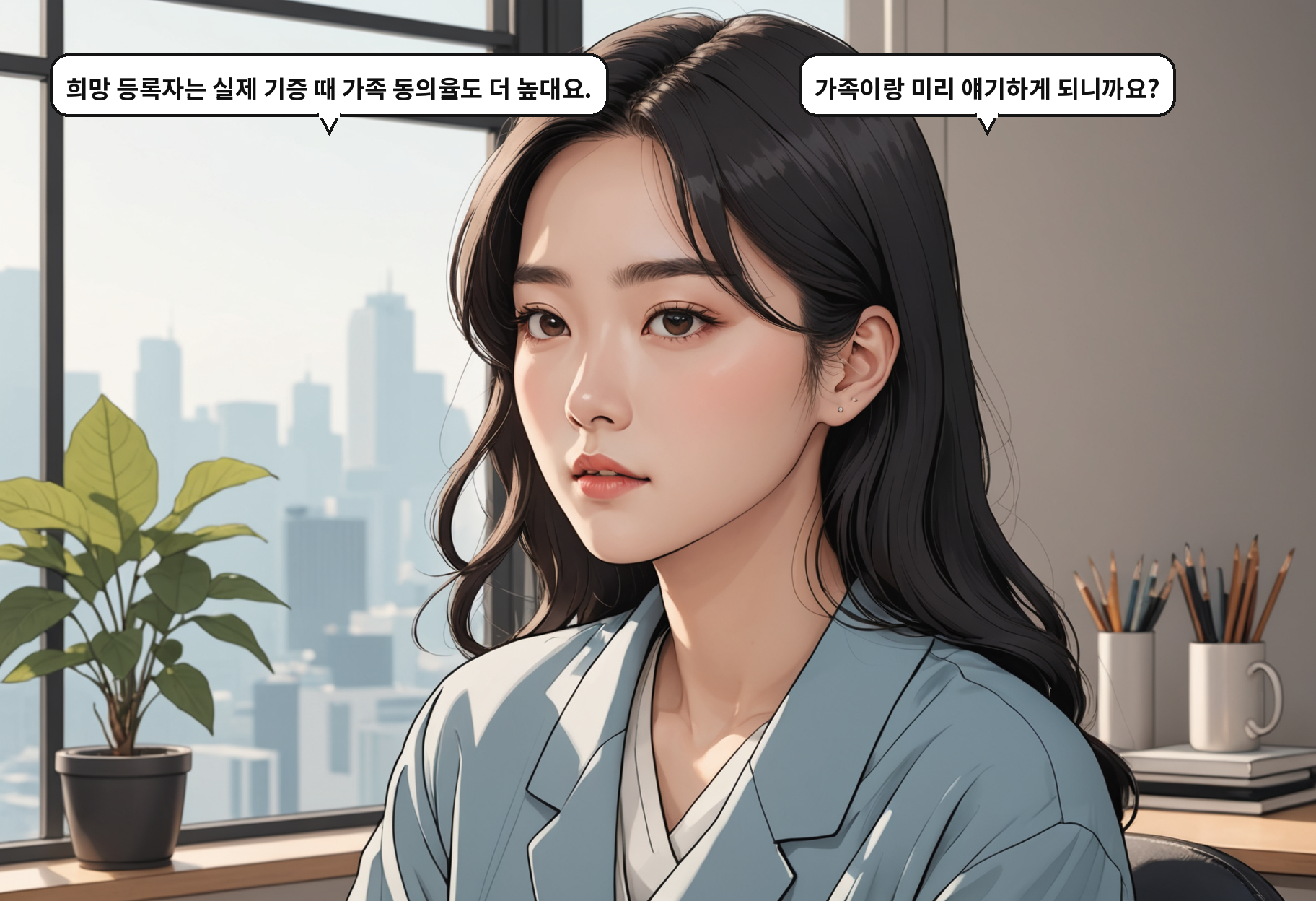B: 희망 등록자는 실제 기증 때 가족 동의율도 더 높대요. A: 가족이랑 미리 얘기하게 되니까요?