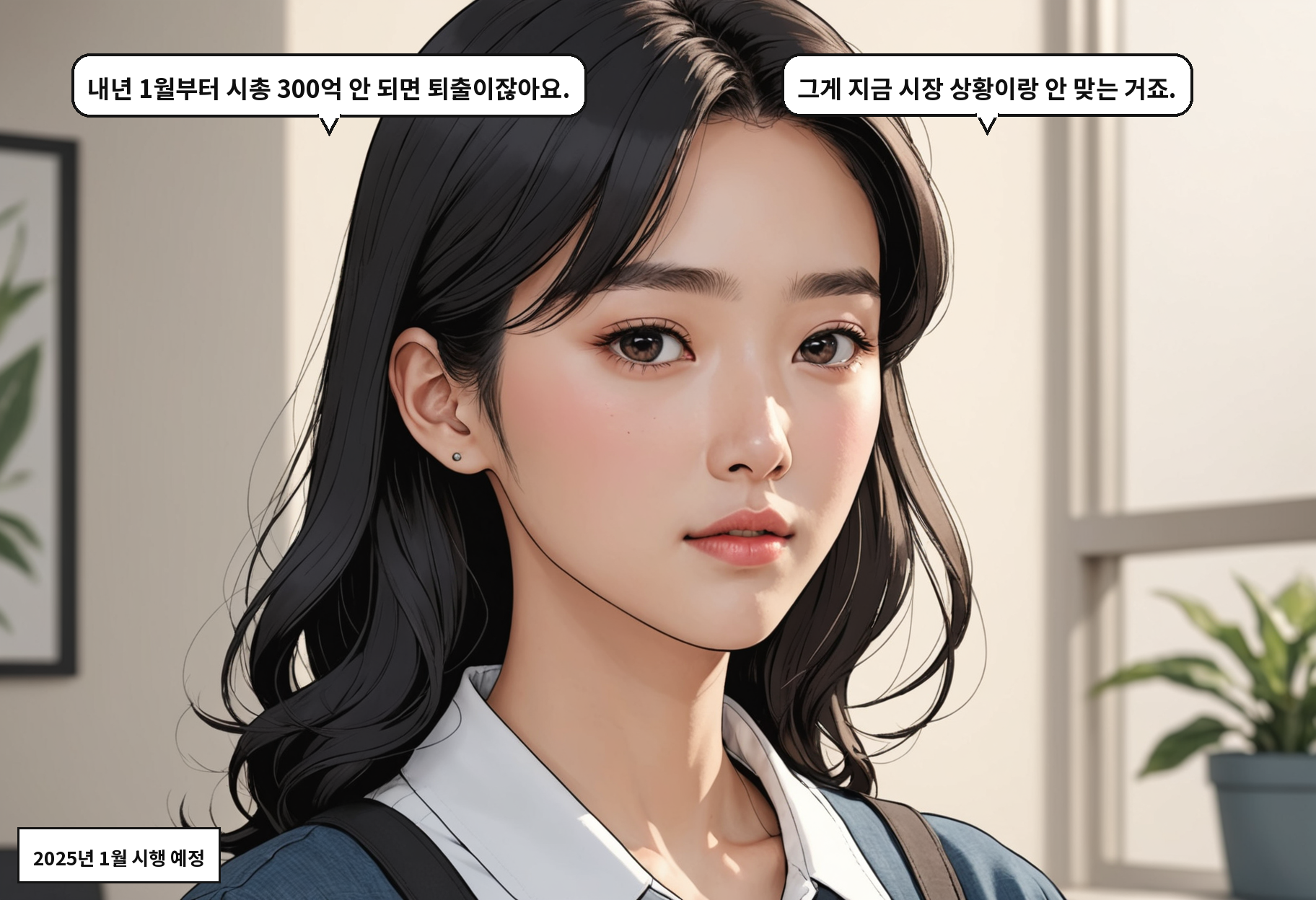 B: 내년 1월부터 시총 300억 안 되면 퇴출이잖아요. A: 그게 지금 시장 상황이랑 안 맞는 거죠.