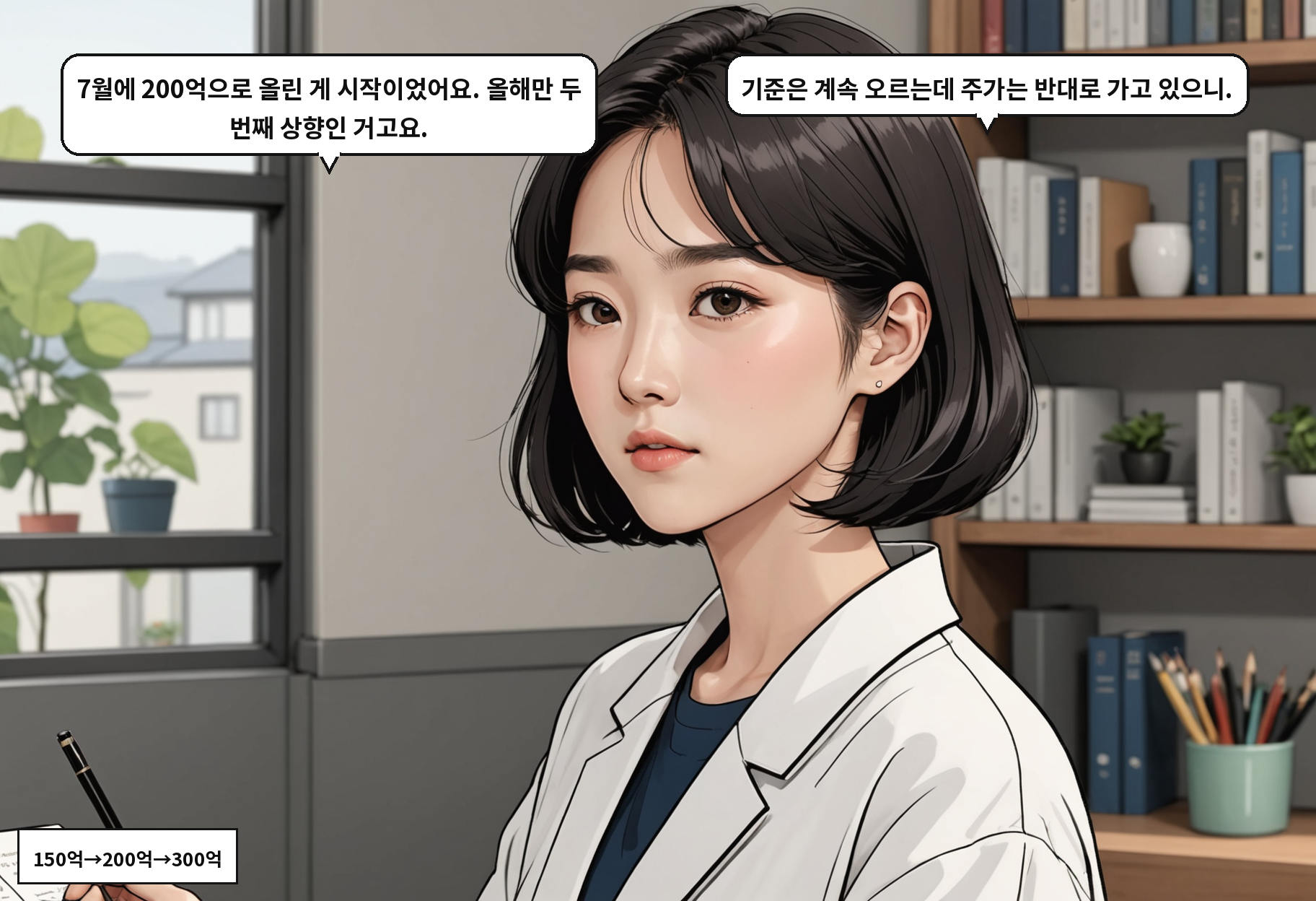 A: 7월에 200억으로 올린 게 시작이었어요. 올해만 두 번째 상향인 거고요. B: 기준은 계속 오르는데 주가는 반대로 가고 있으니.
