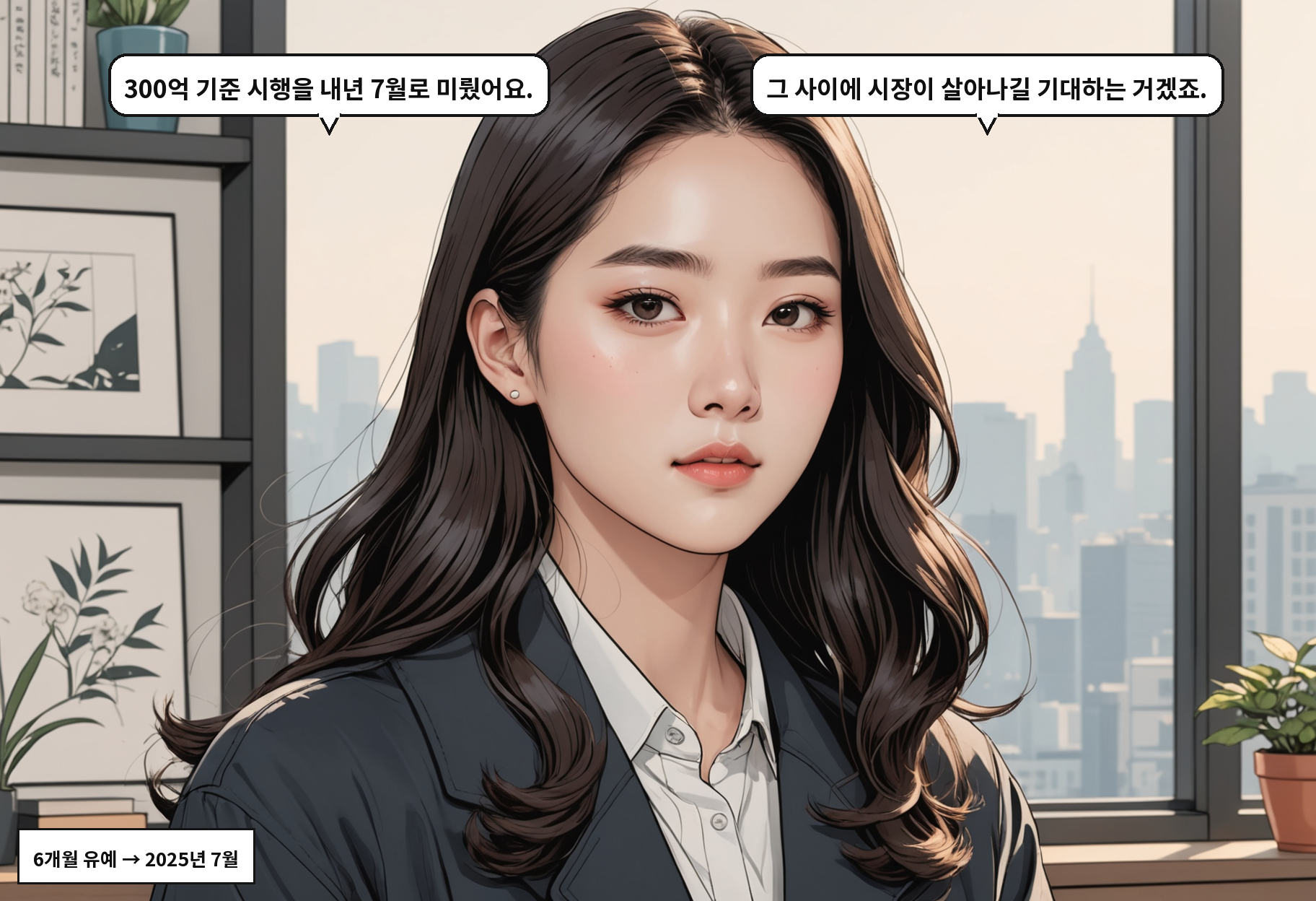 A: 300억 기준 시행을 내년 7월로 미뤘어요. B: 그 사이에 시장이 살아나길 기대하는 거겠죠.