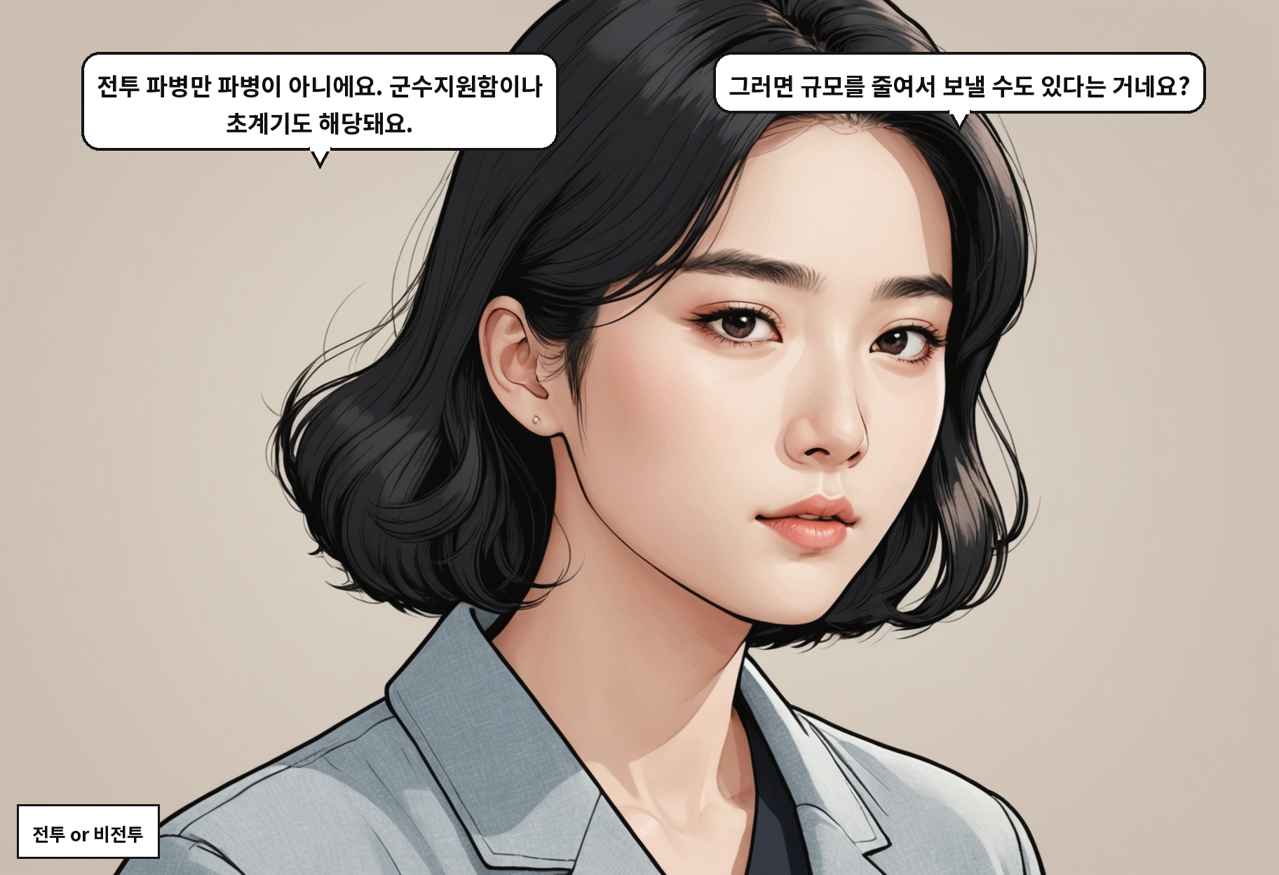 B: 전투 파병만 파병이 아니에요. 군수지원함이나 초계기도 해당돼요. A: 그러면 규모를 줄여서 보낼 수도 있다는 거네요?