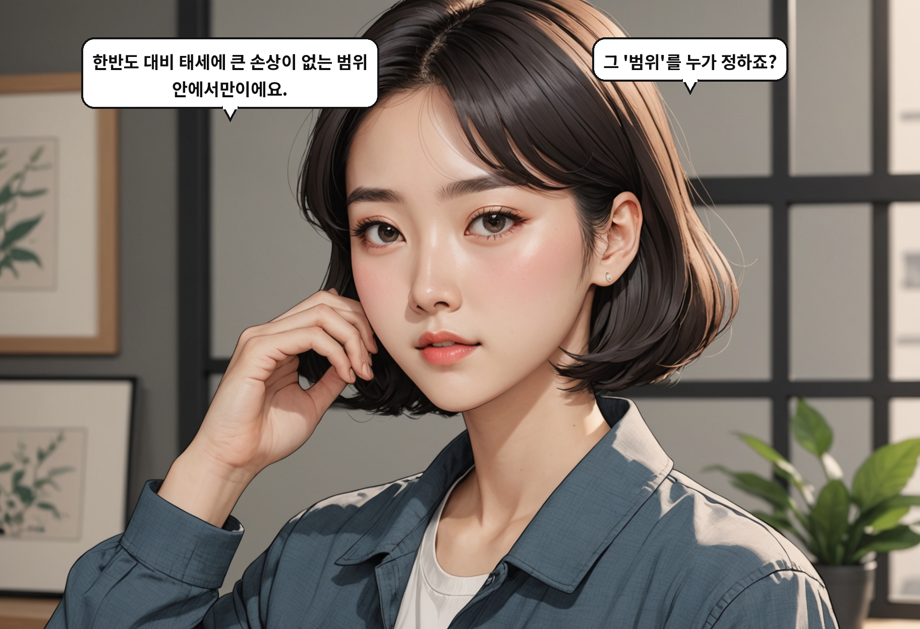 B: 한반도 대비 태세에 큰 손상이 없는 범위 안에서만이에요. A: 그 '범위'를 누가 정하죠?