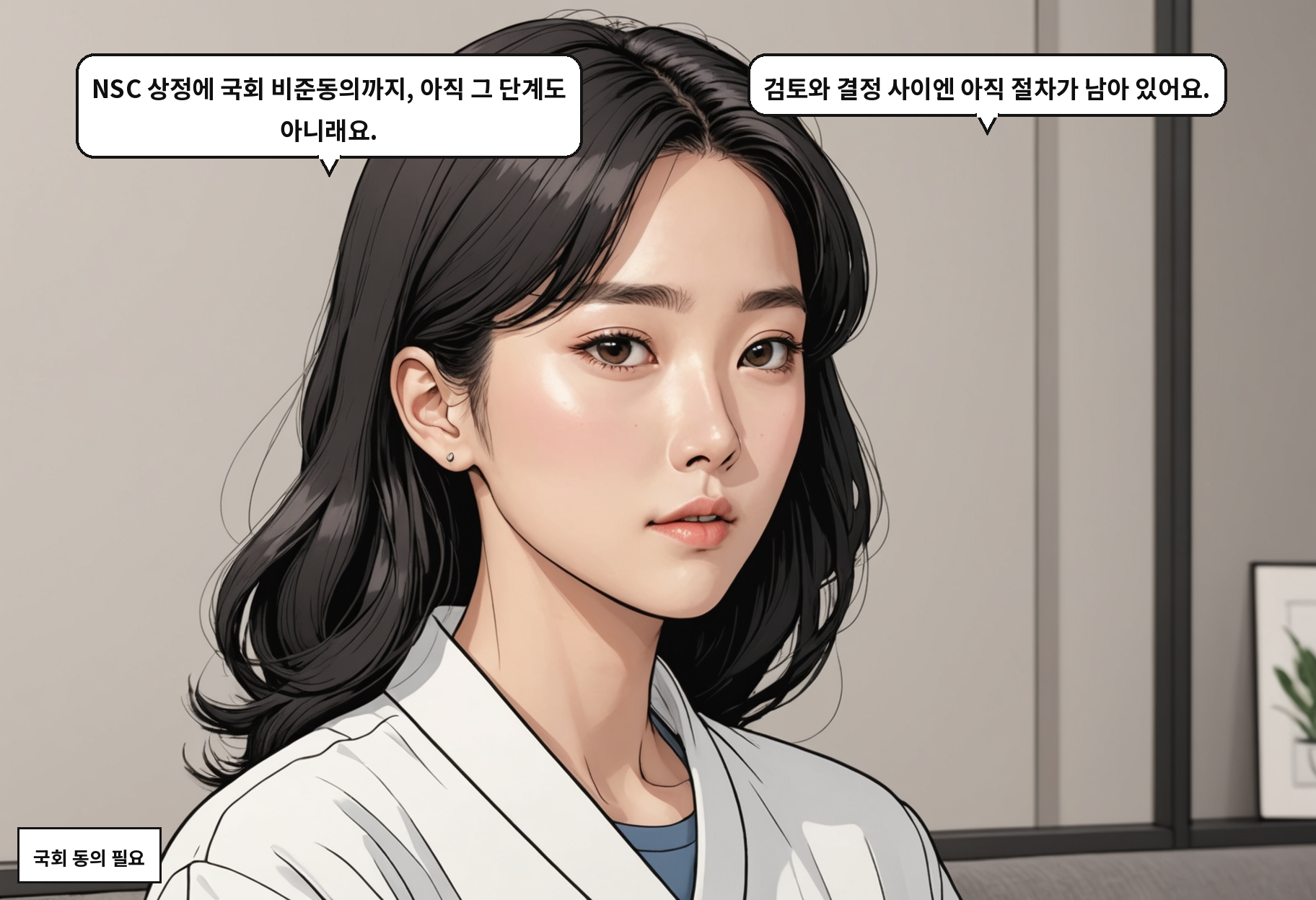 A: NSC 상정에 국회 비준동의까지, 아직 그 단계도 아니래요. B: 검토와 결정 사이엔 아직 절차가 남아 있어요.