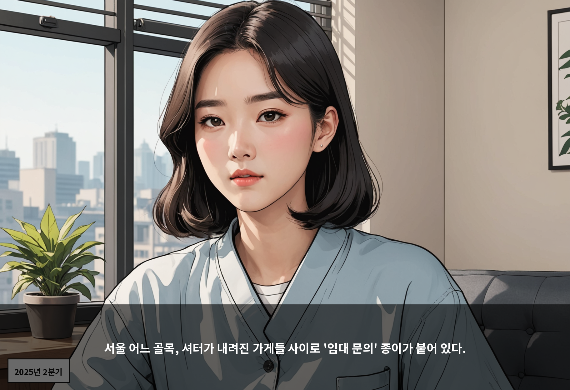 서울 어느 골목, 셔터가 내려진 가게들 사이로 '임대 문의' 종이가 붙어 있다.