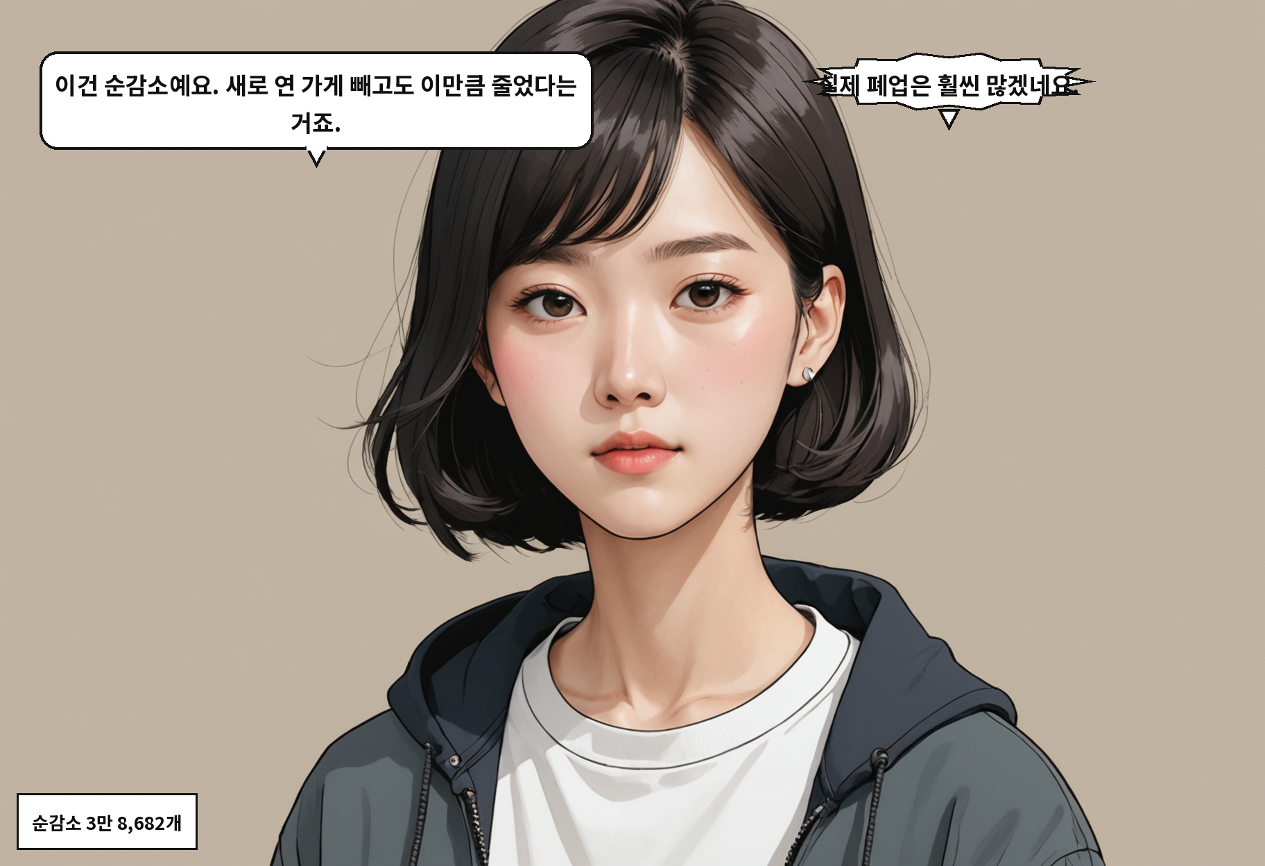 A: 이건 순감소예요. 새로 연 가게 빼고도 이만큼 줄었다는 거죠. B: 실제 폐업은 훨씬 많겠네요.
