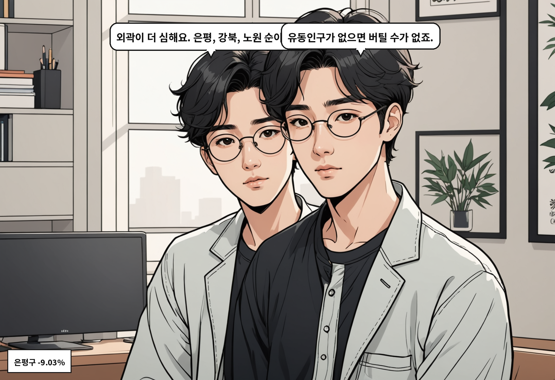 A: 외곽이 더 심해요. 은평, 강북, 노원 순이에요. B: 유동인구가 없으면 버틸 수가 없죠.