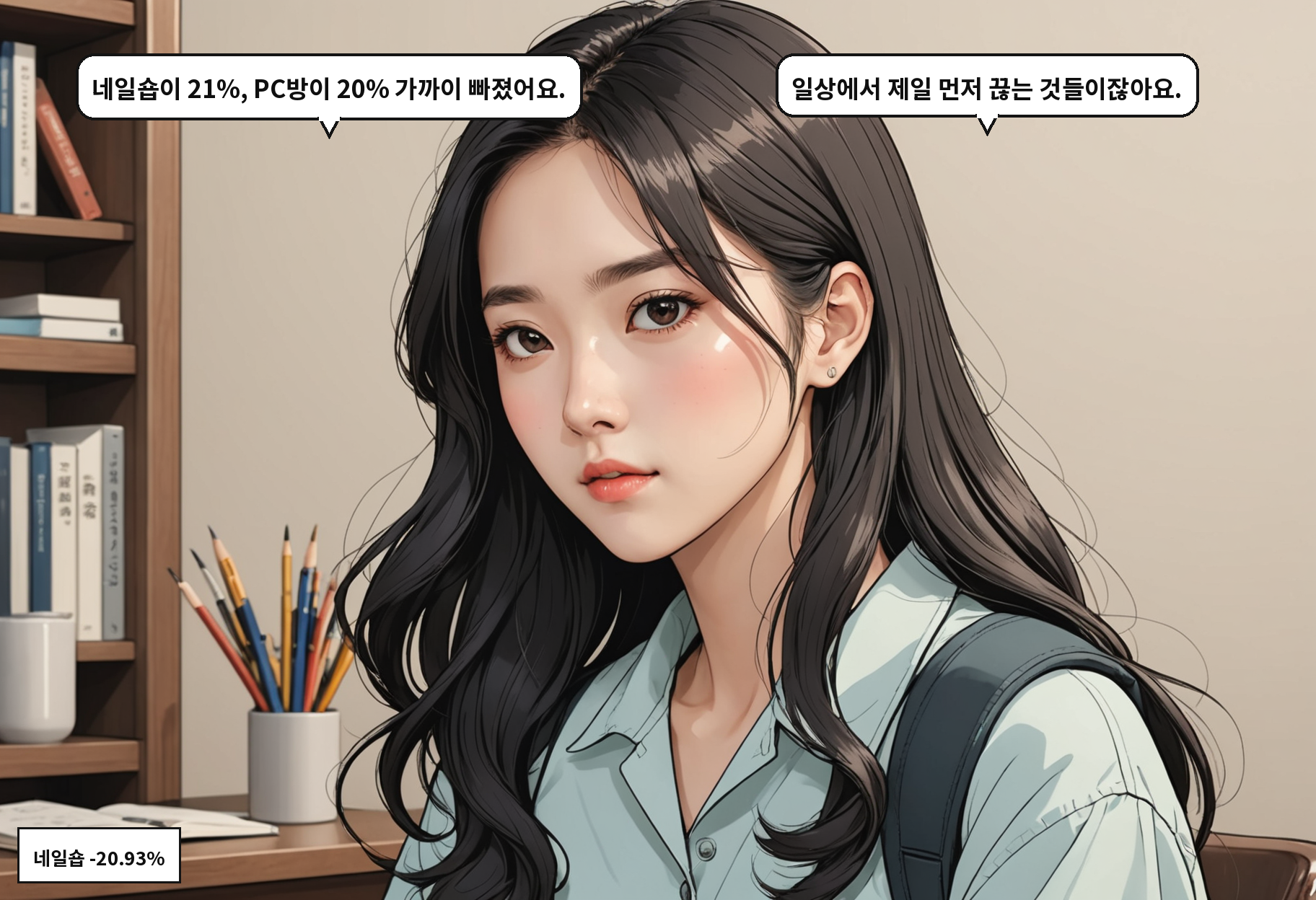 A: 네일숍이 21%, PC방이 20% 가까이 빠졌어요. B: 일상에서 제일 먼저 끊는 것들이잖아요.