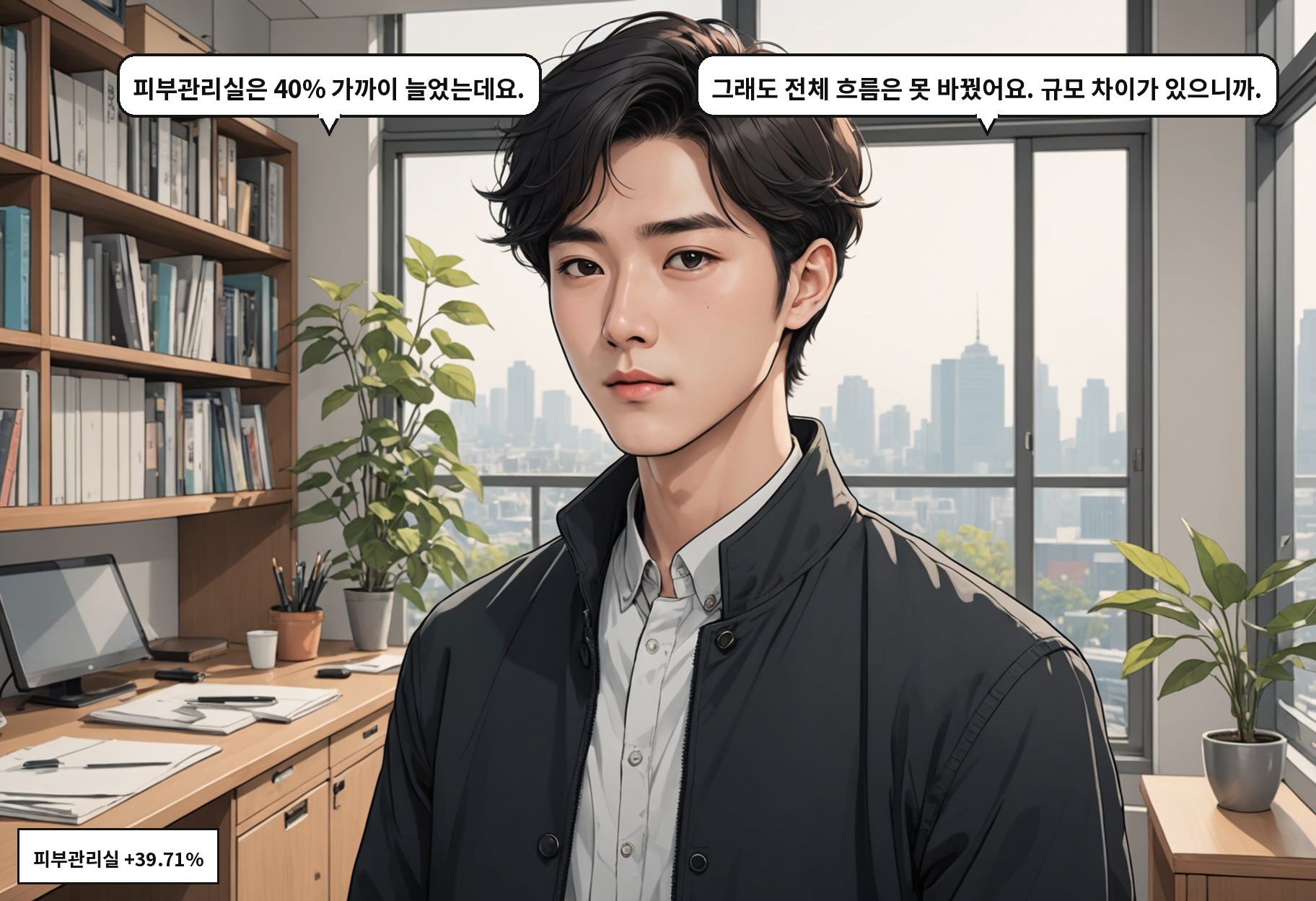 A: 피부관리실은 40% 가까이 늘었는데요. B: 그래도 전체 흐름은 못 바꿨어요. 규모 차이가 있으니까.