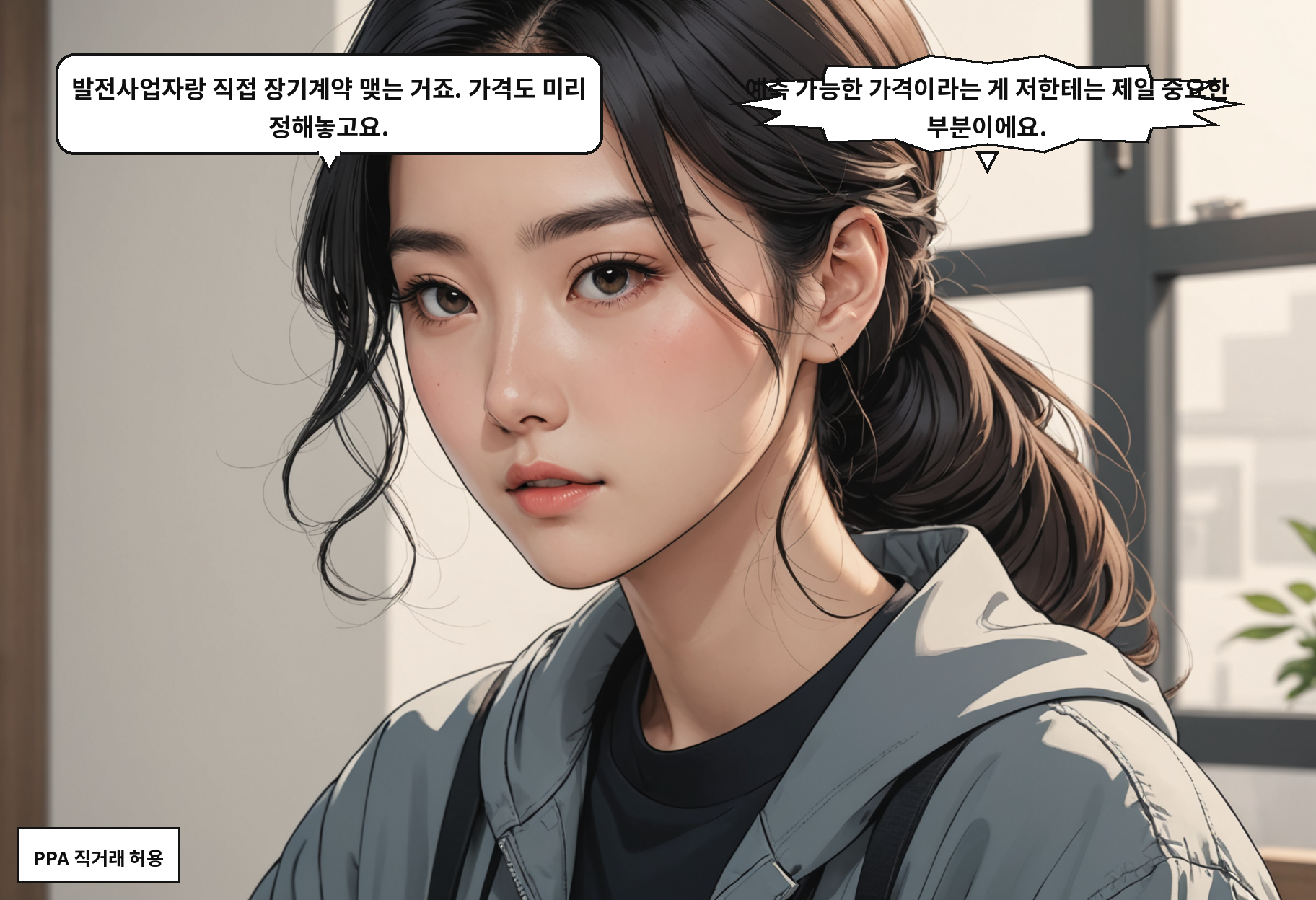 B: 발전사업자랑 직접 장기계약 맺는 거죠. 가격도 미리 정해놓고요. A: 예측 가능한 가격이라는 게 저한테는 제일 중요한 부분이에요.